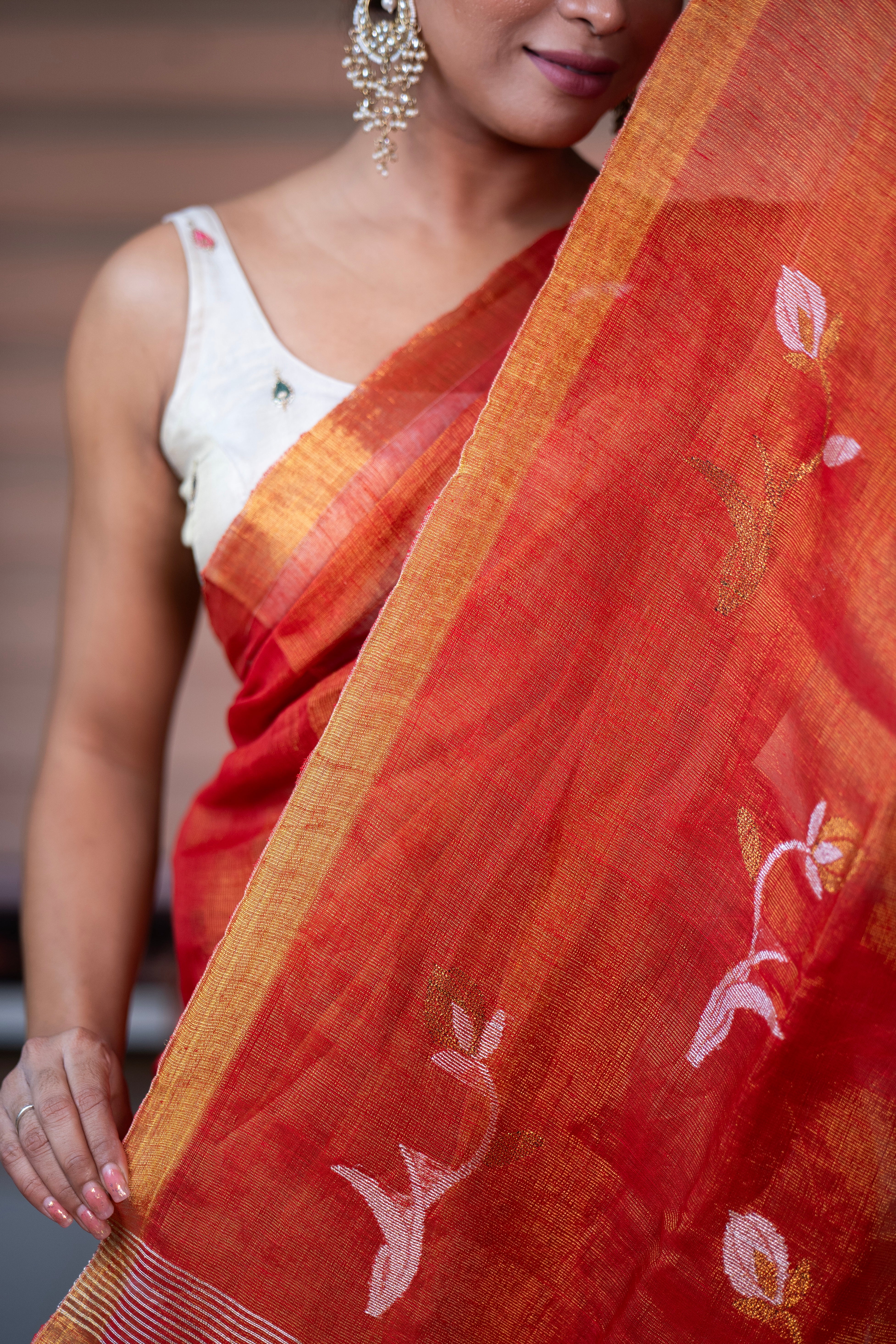 Orange Pure tissue Linen Handwoven Tulip Saree