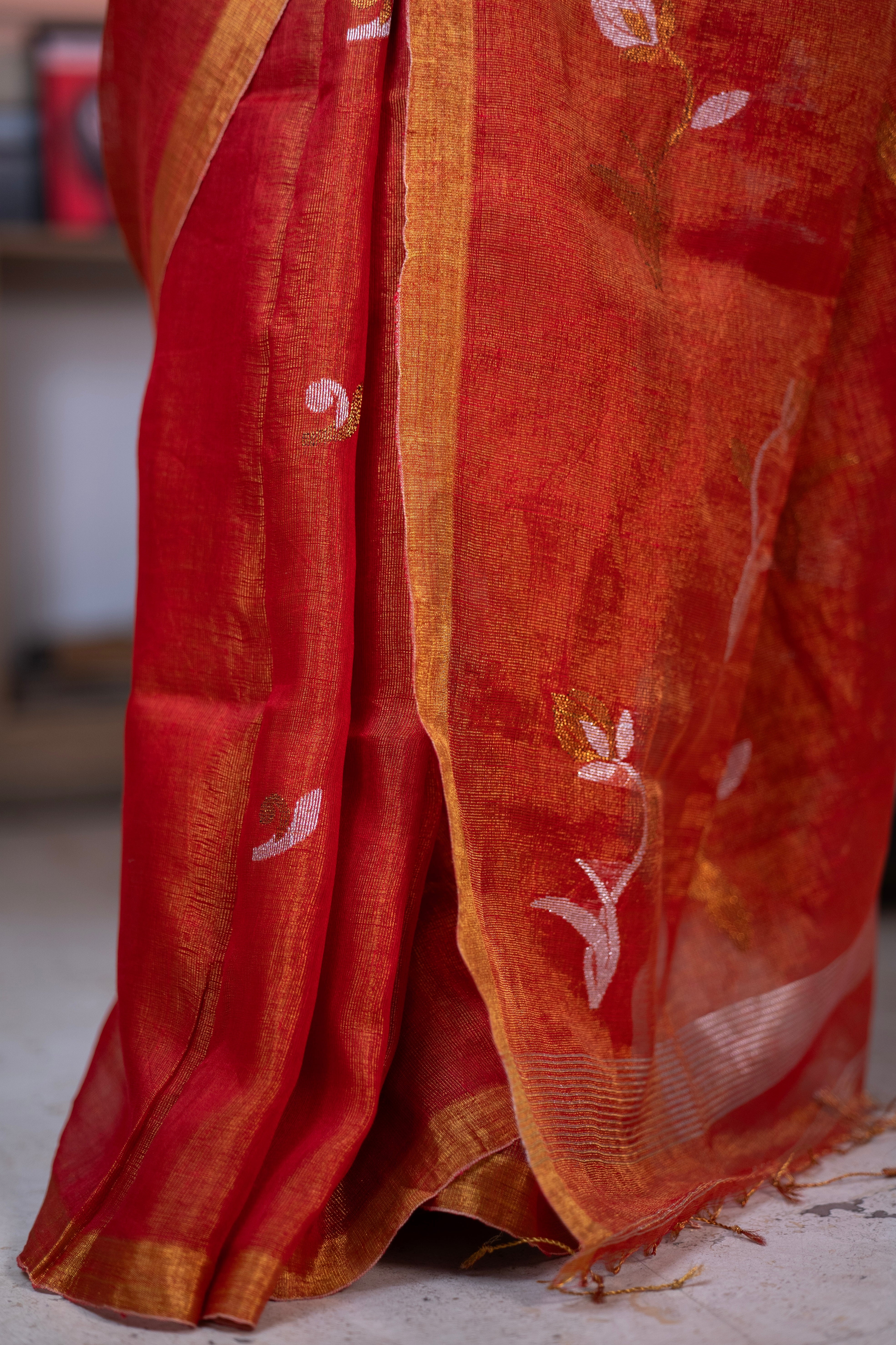 Orange Pure tissue Linen Handwoven Tulip Saree