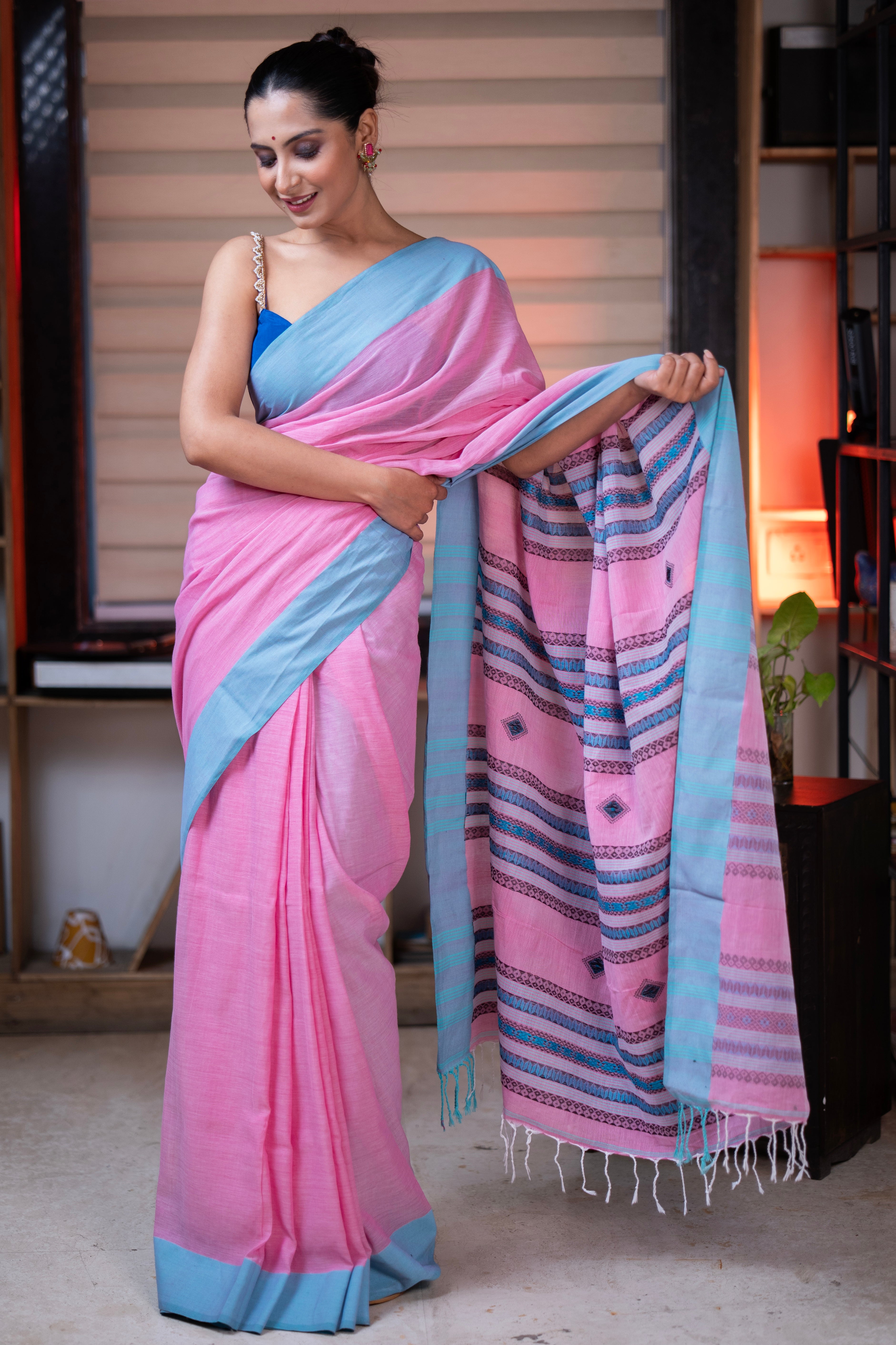 Premium Assam Khadi Cotton Handwoven Saree- Pink