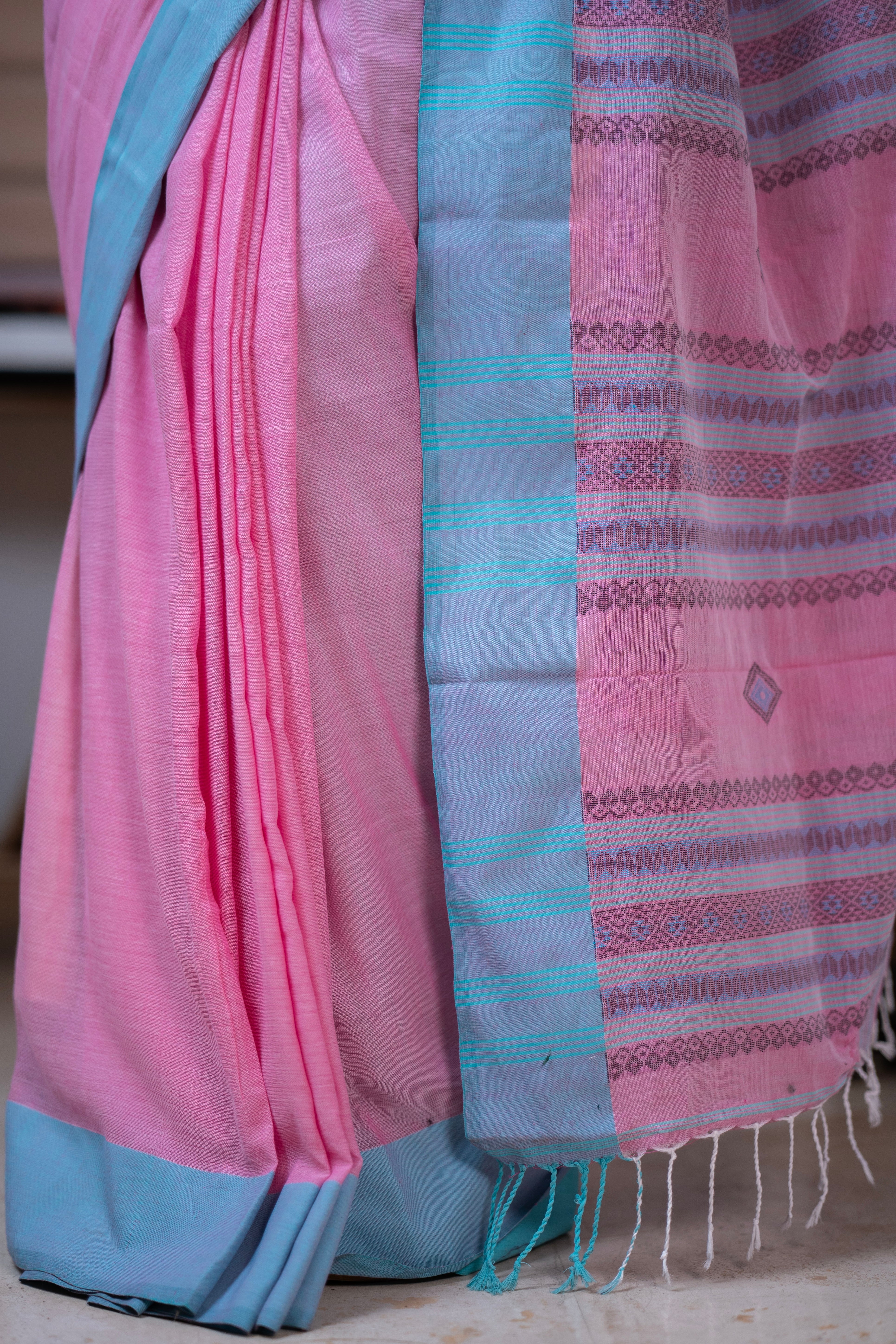 Premium Assam Khadi Cotton Handwoven Saree- Pink