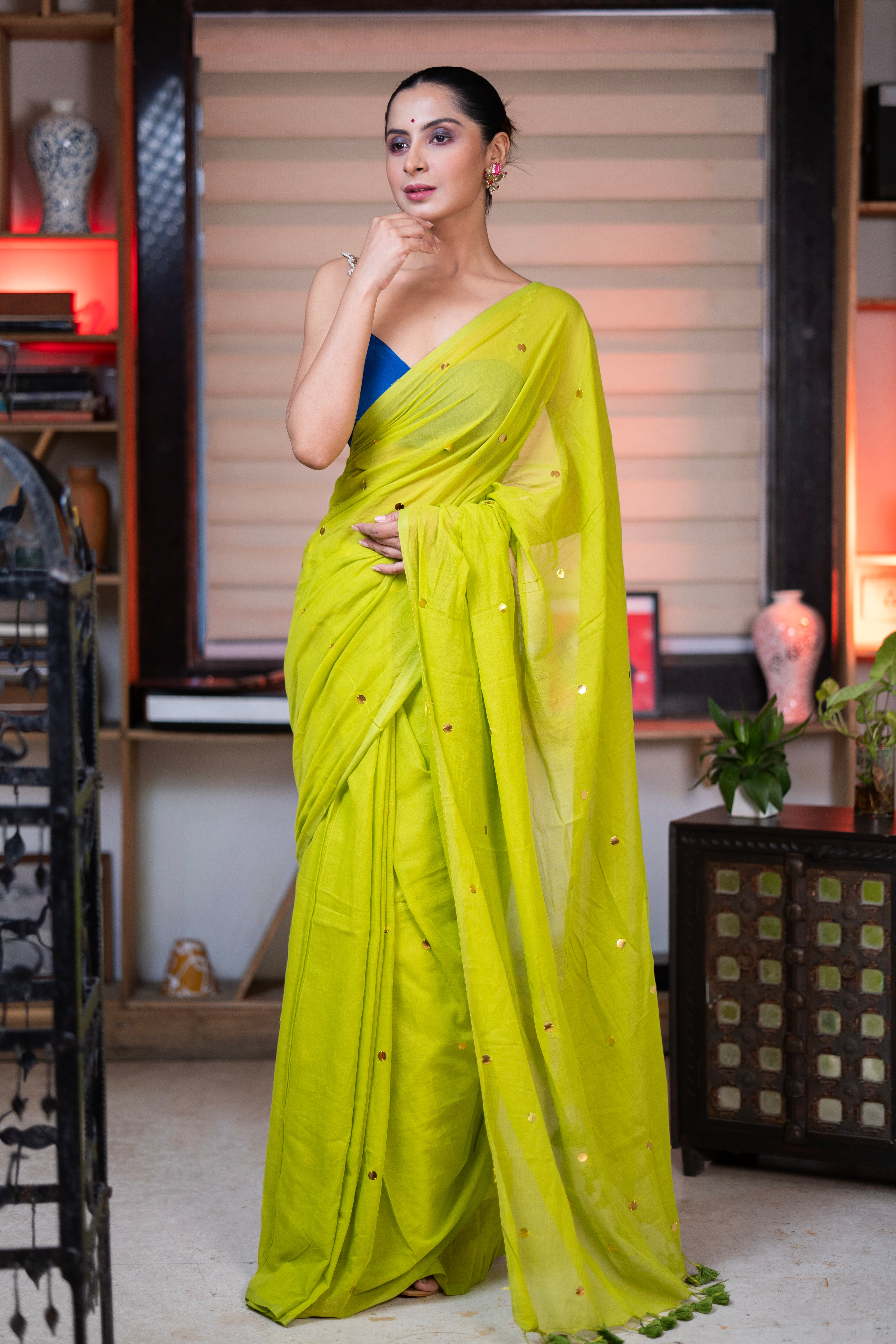 Lime Green Mul Mul Cotton Saree with Ginni Work