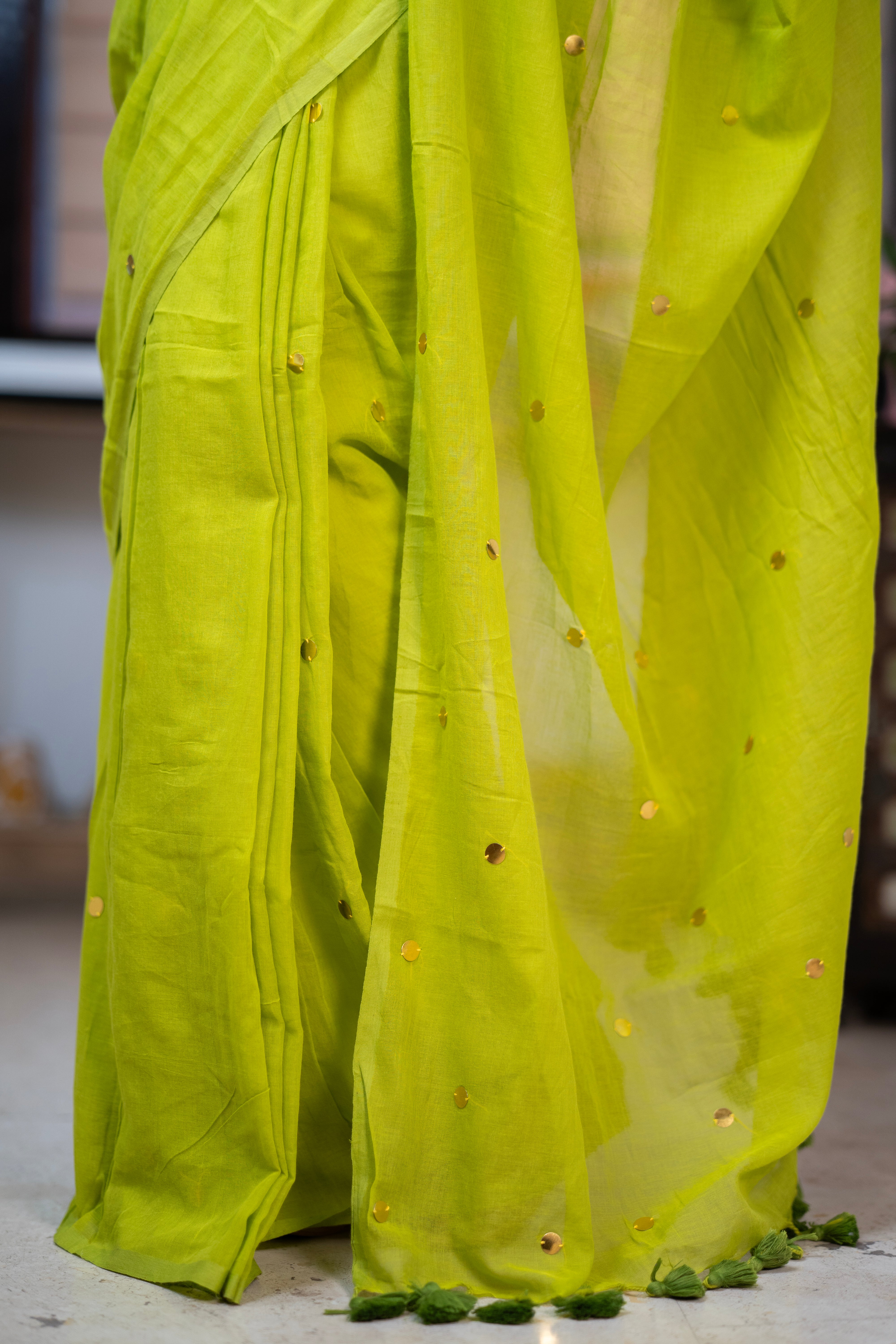 Lime Green Mul Mul Cotton Saree with Ginni Work