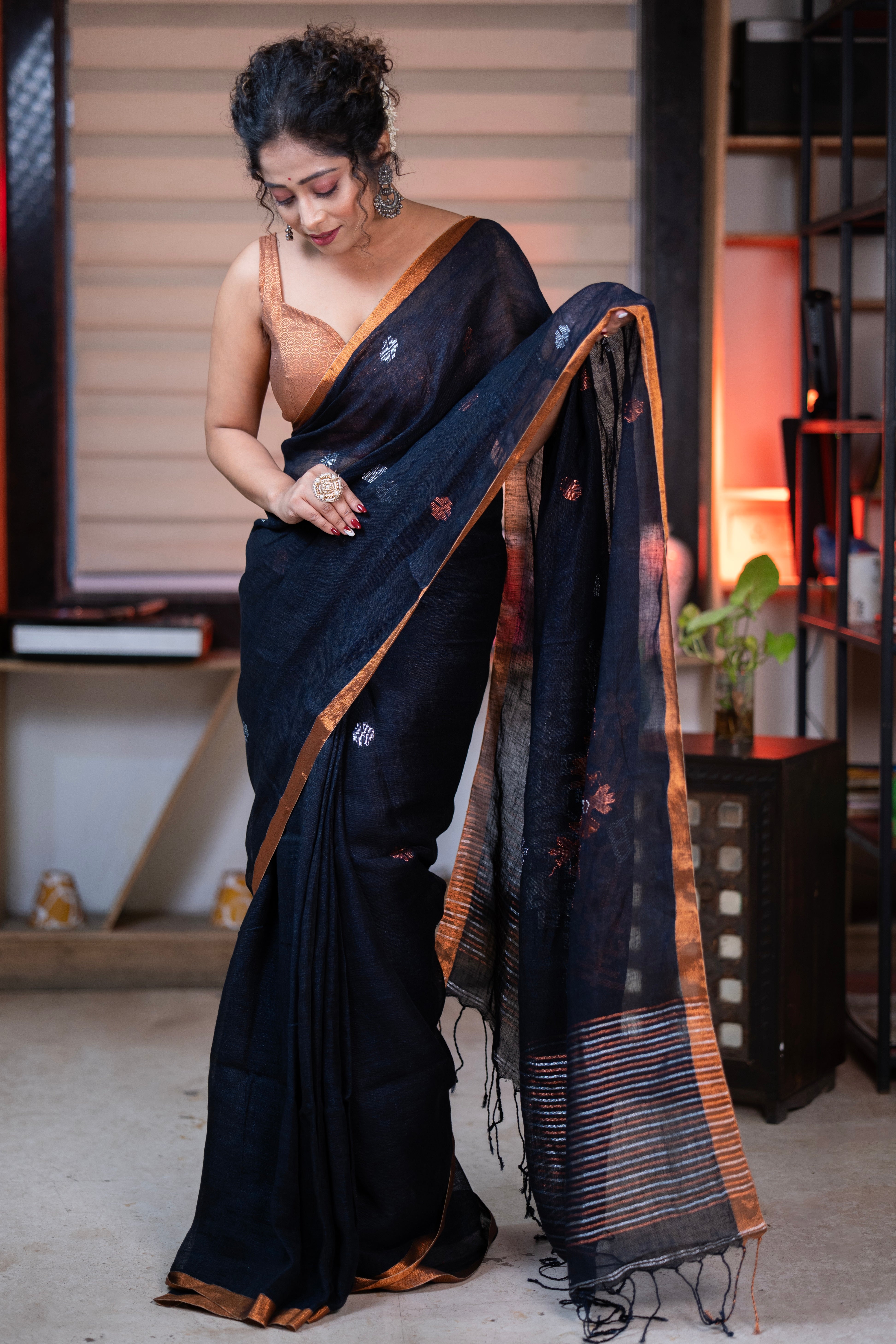 Black Swastik Linen Handwoven Jamdani Saree