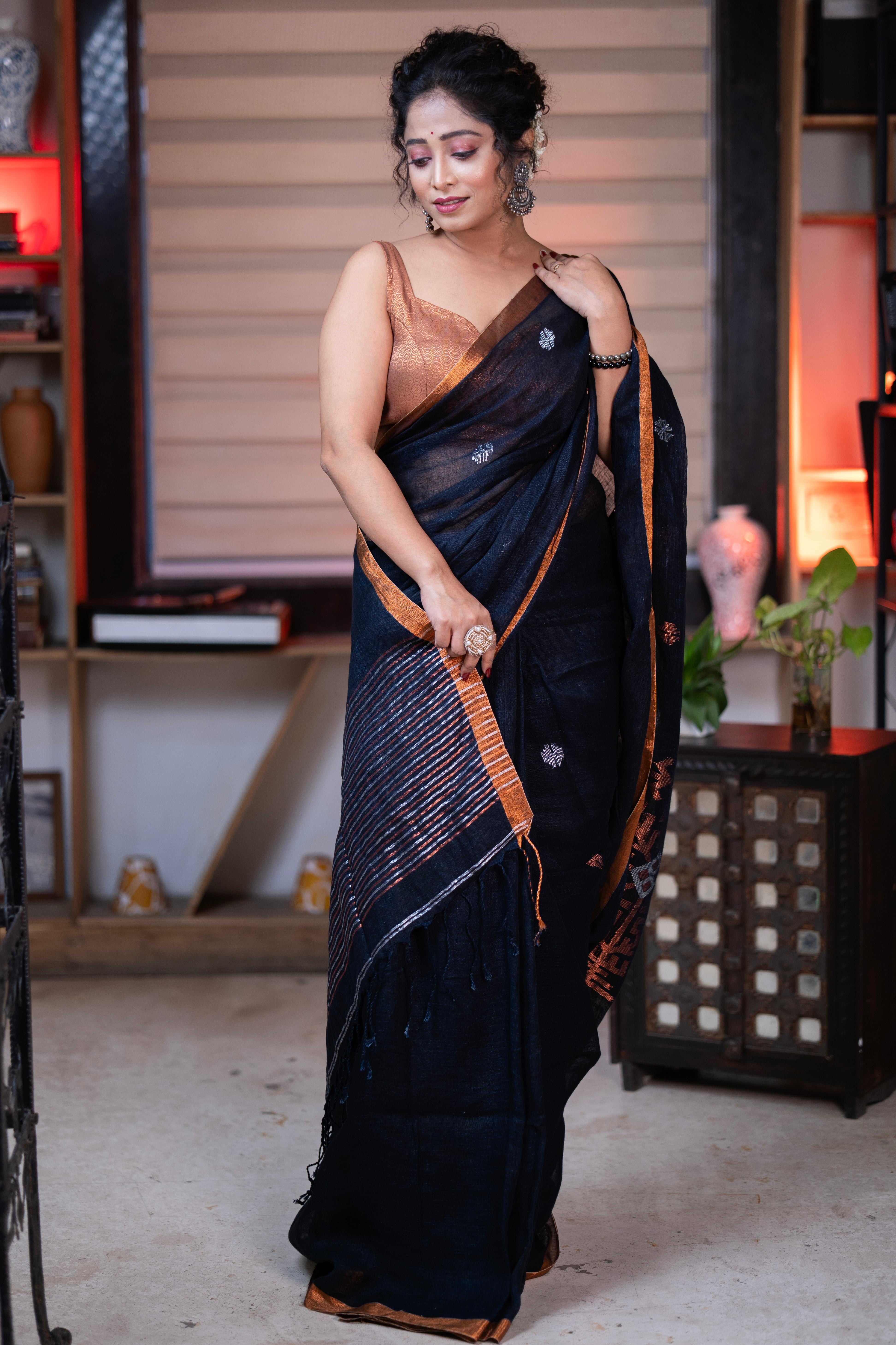 Black Swastik Linen Handwoven Jamdani Saree