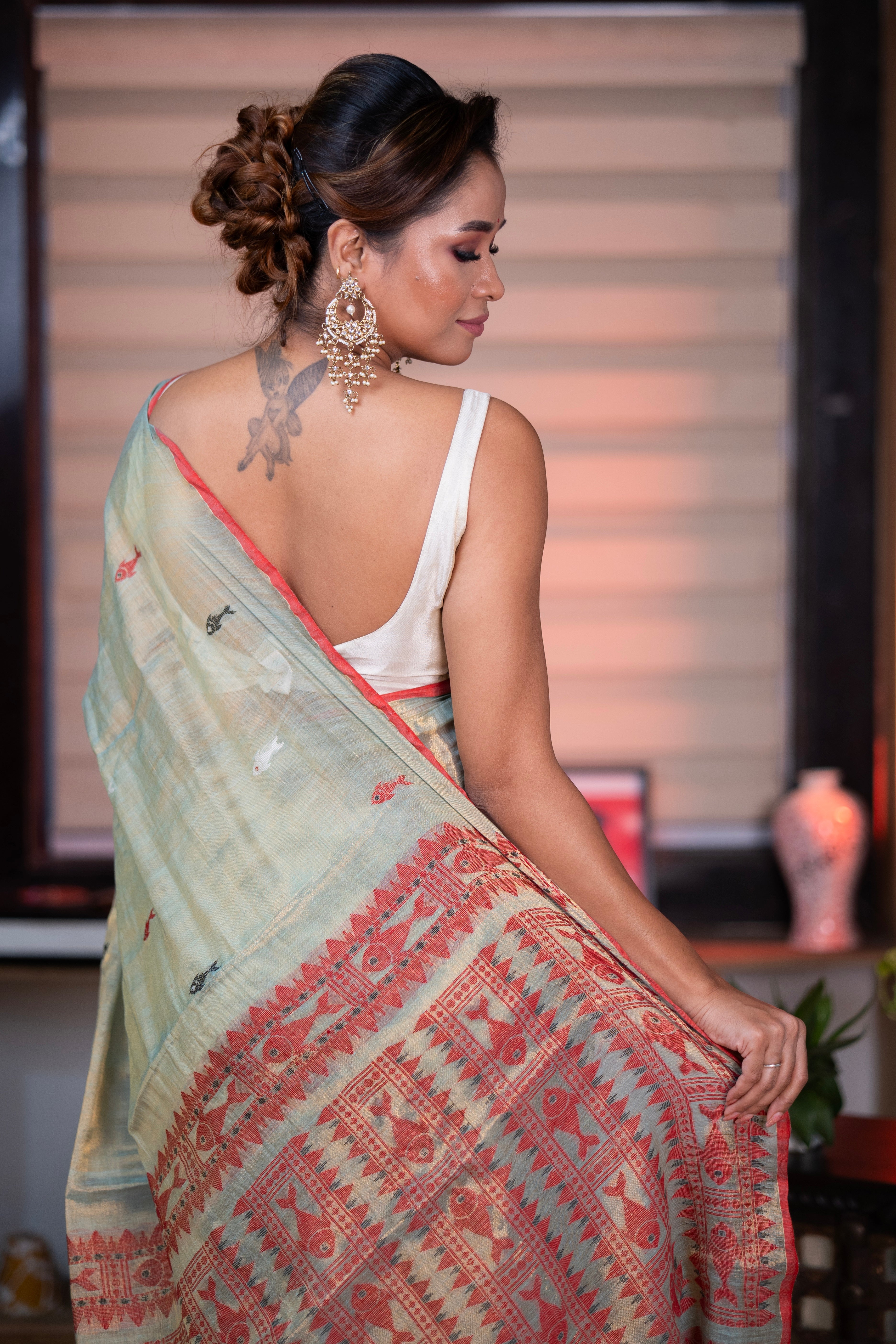 Metallic Mint green Tissue Linen Handwoven Saree