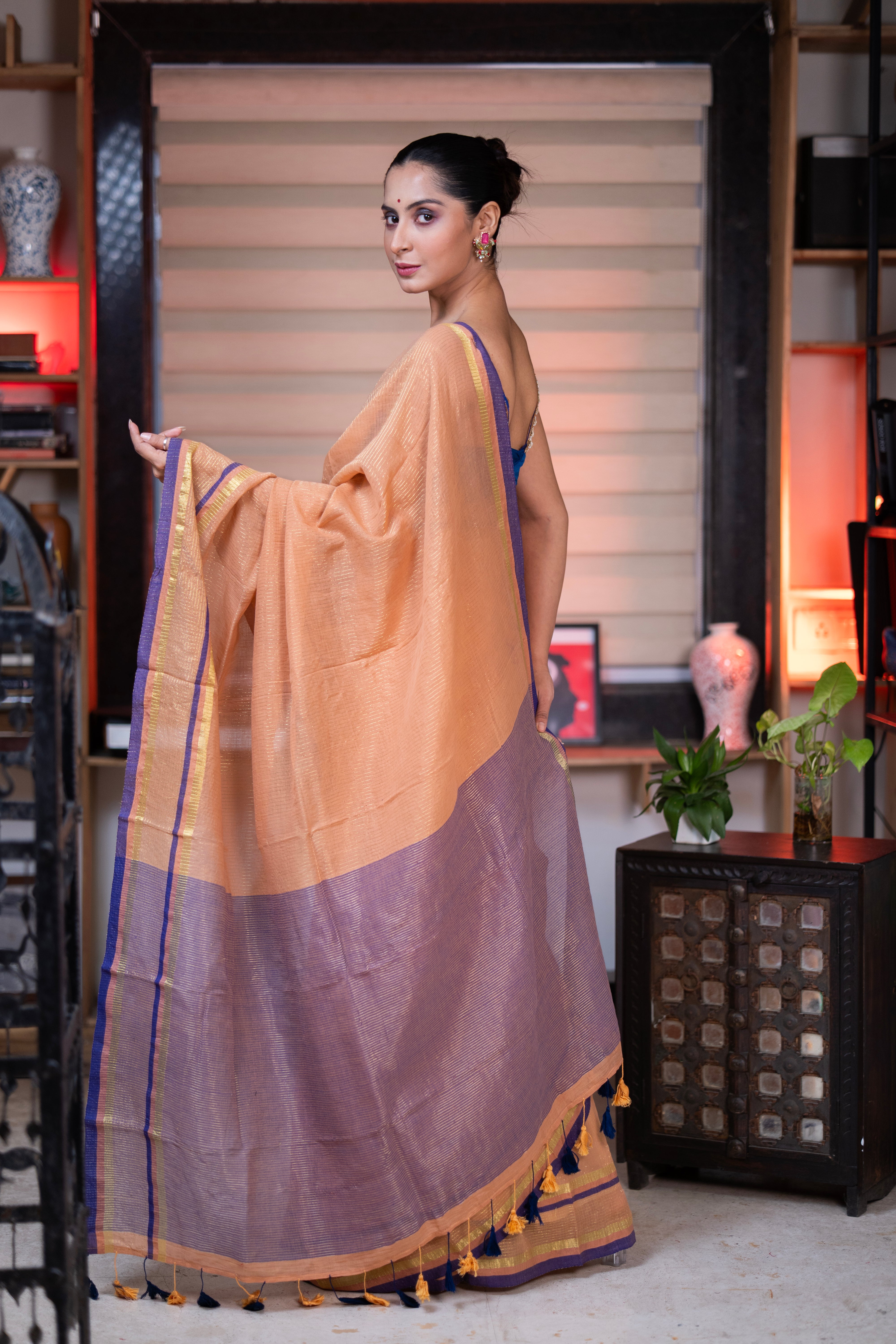 Hemlata Golden Check Mulmul Cotton Saree- Camel Golden