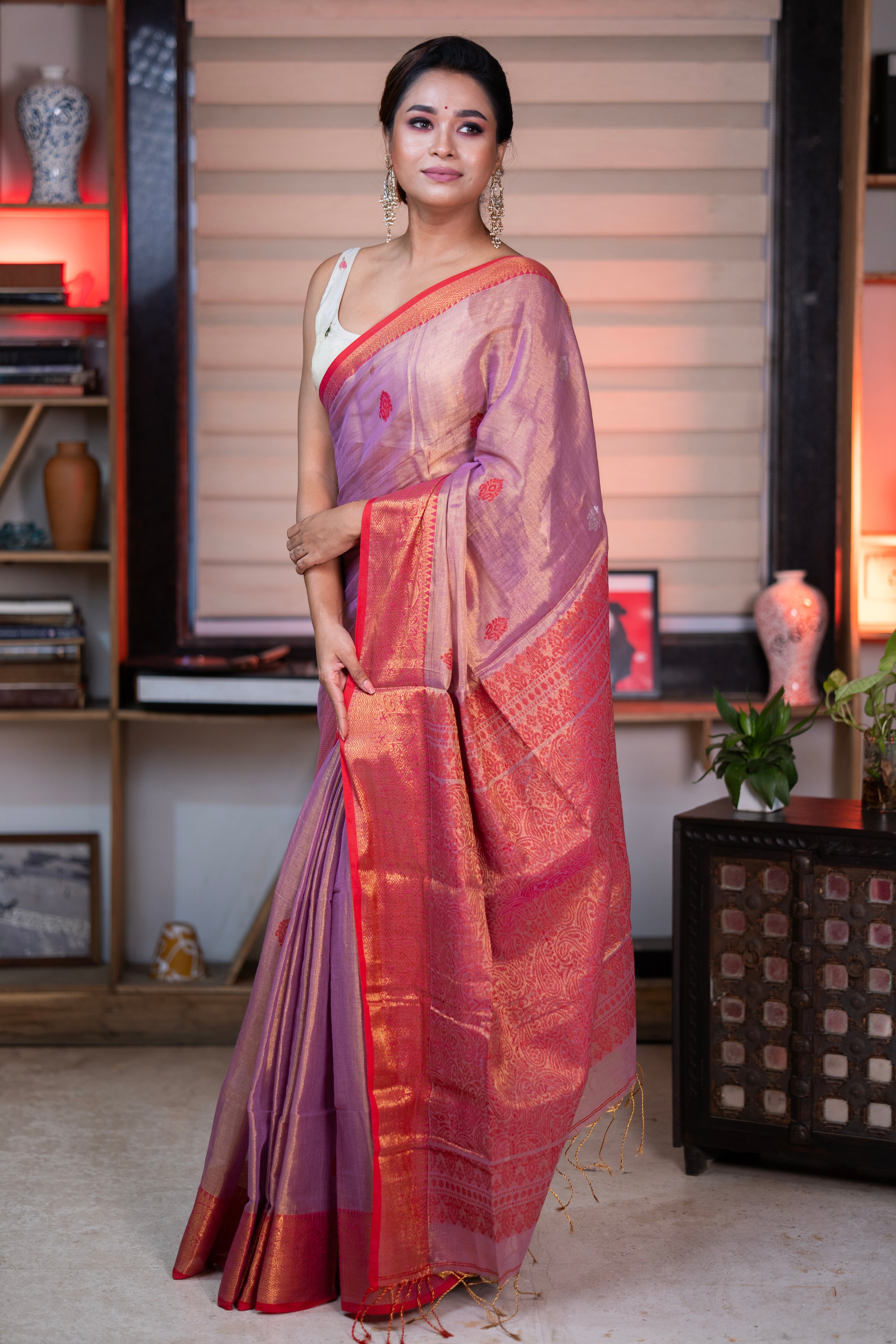 Metallic bubble Pink dual Tissue Linen Handwoven Saree