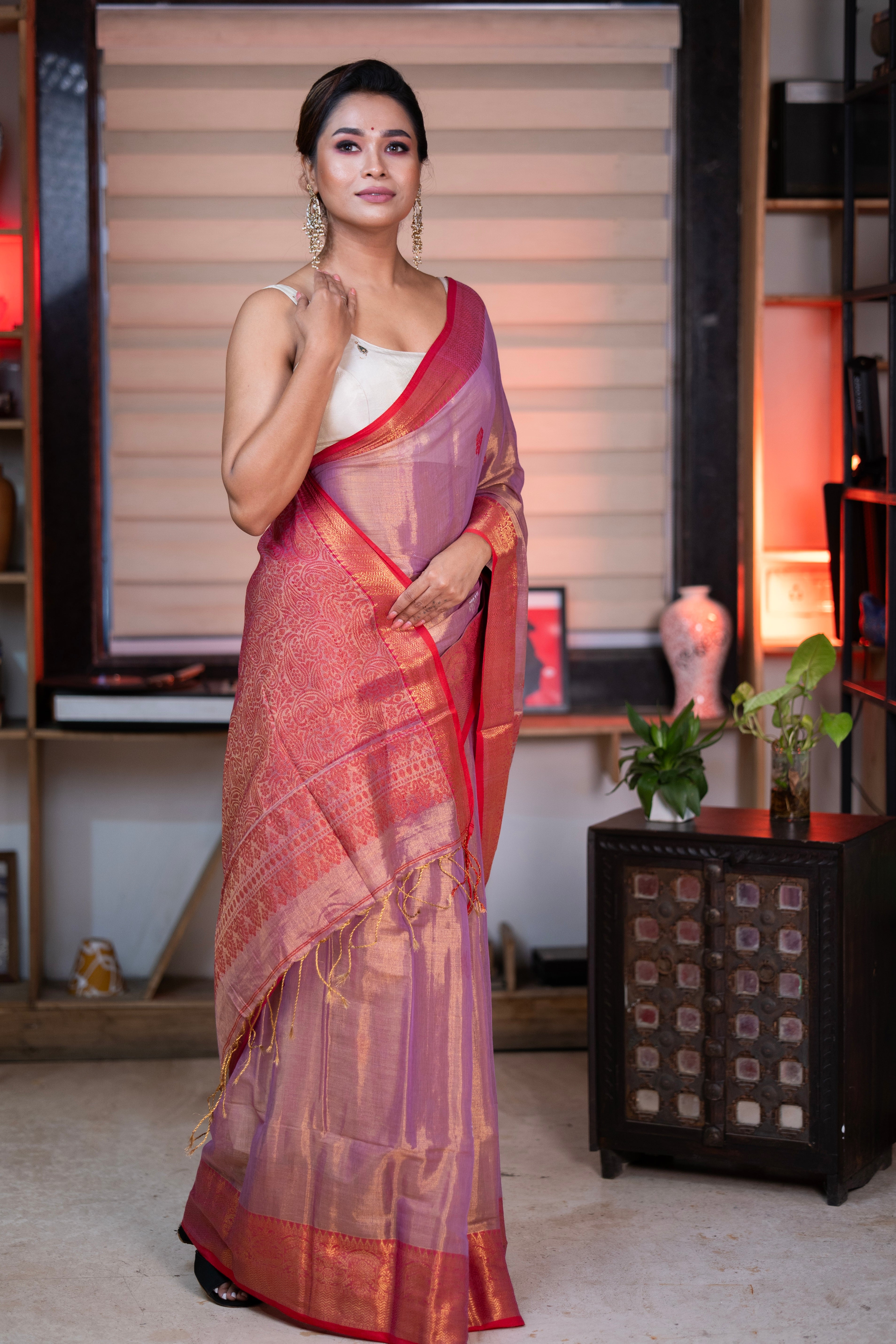 Metallic bubble Pink dual Tissue Linen Handwoven Saree