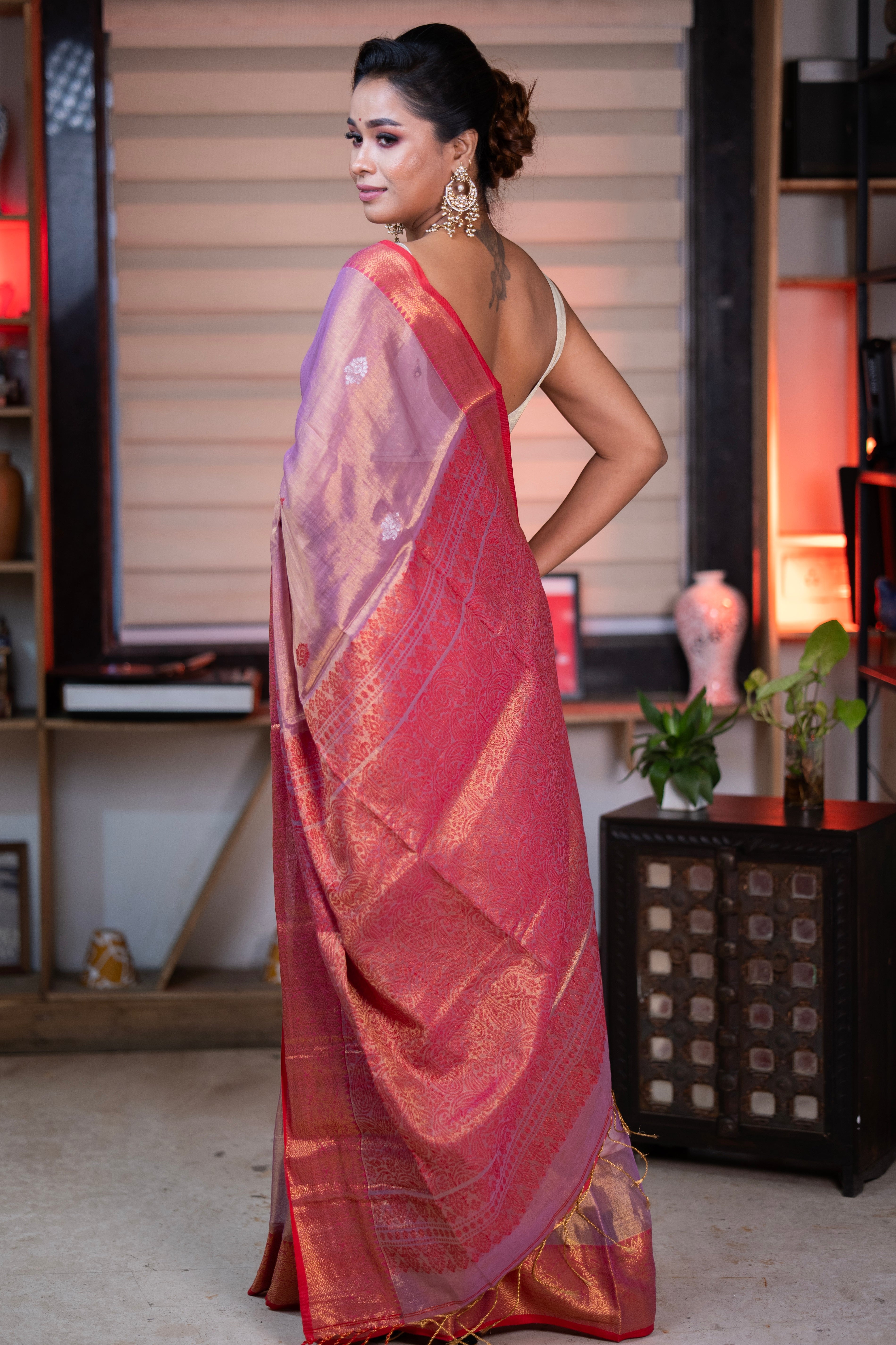 Metallic bubble Pink dual Tissue Linen Handwoven Saree