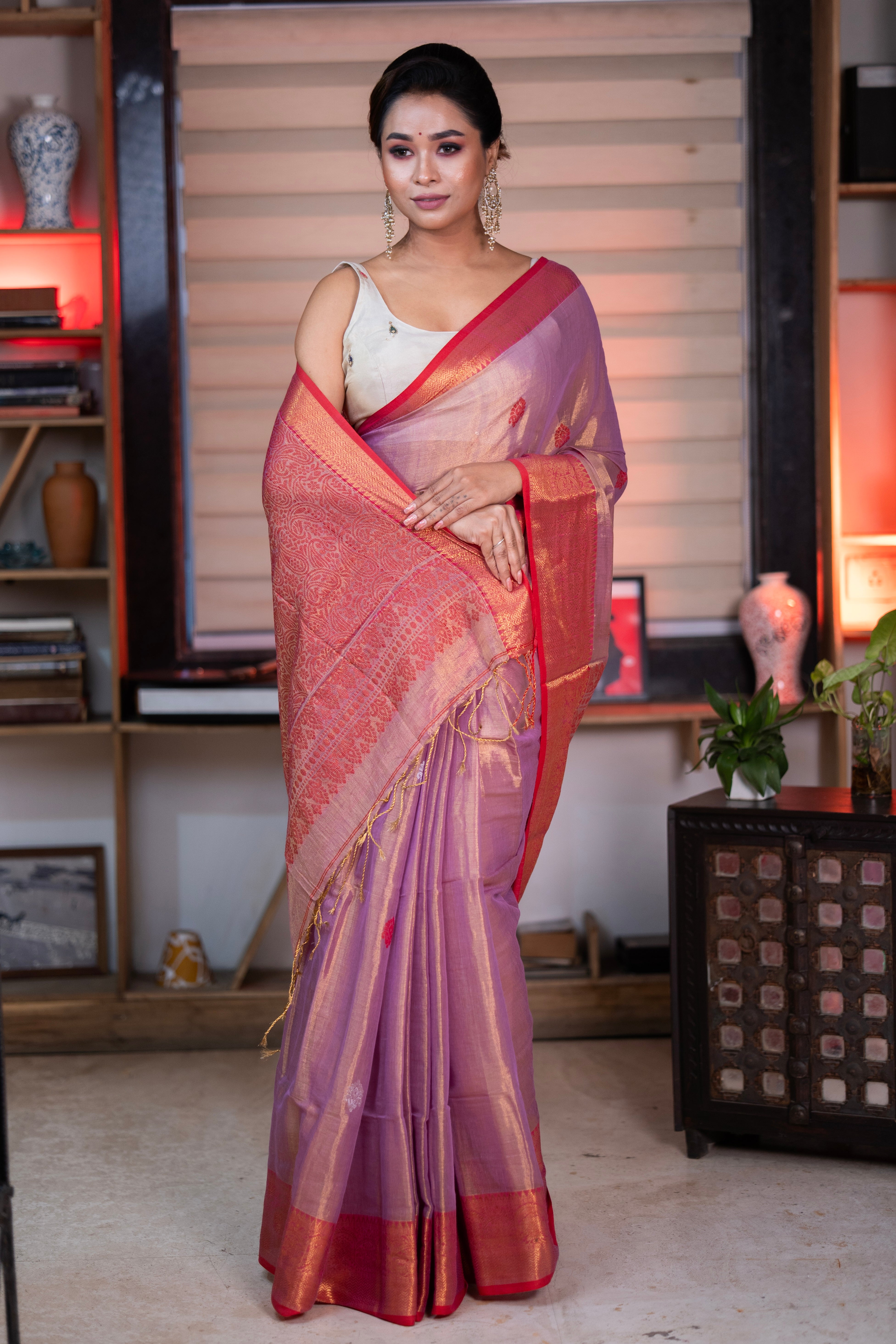 Metallic bubble Pink dual Tissue Linen Handwoven Saree