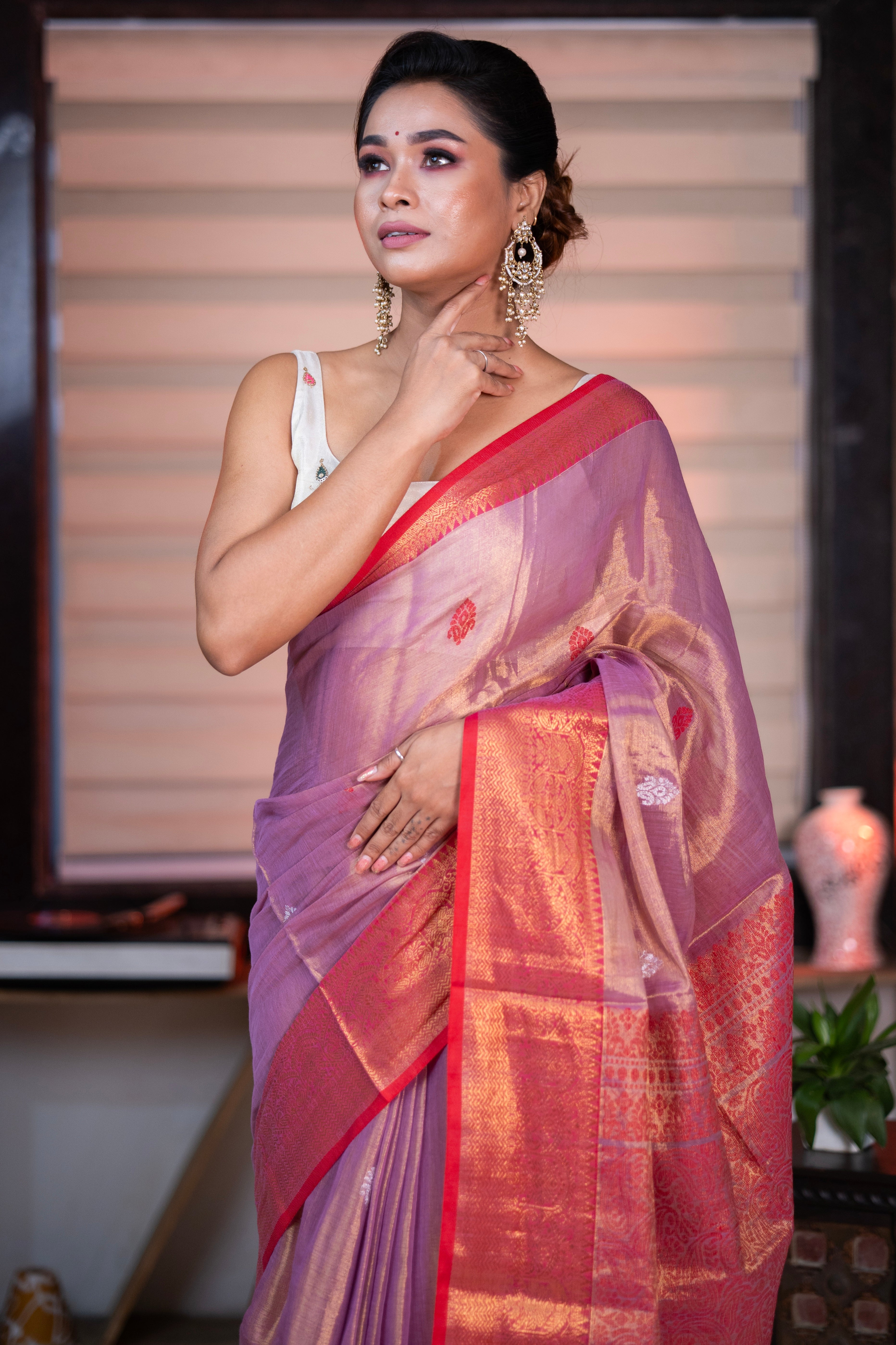 Metallic bubble Pink dual Tissue Linen Handwoven Saree