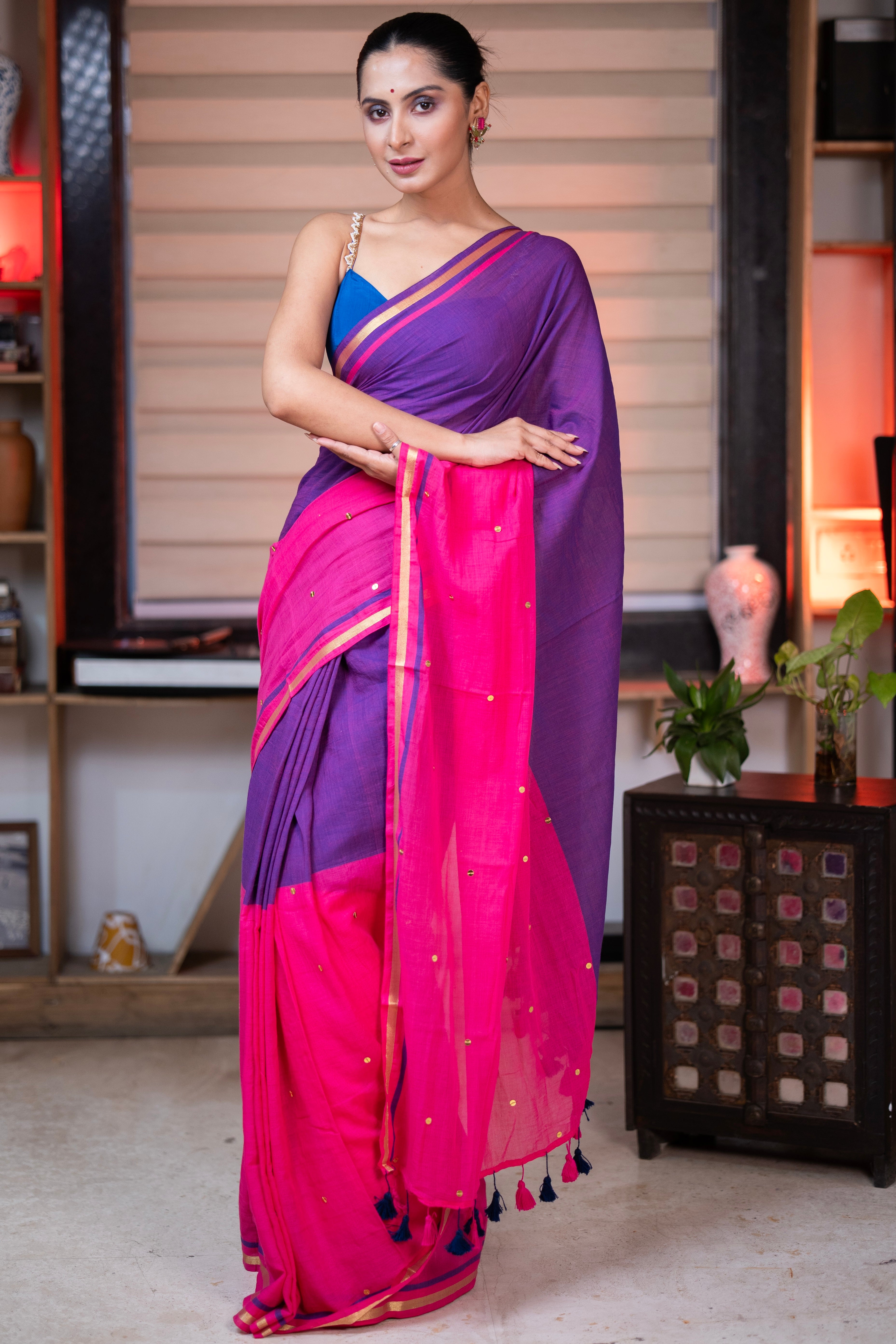 Aarini Mulmul Cotton Half-Half Saree with gini- Zari Work - Blue Rani