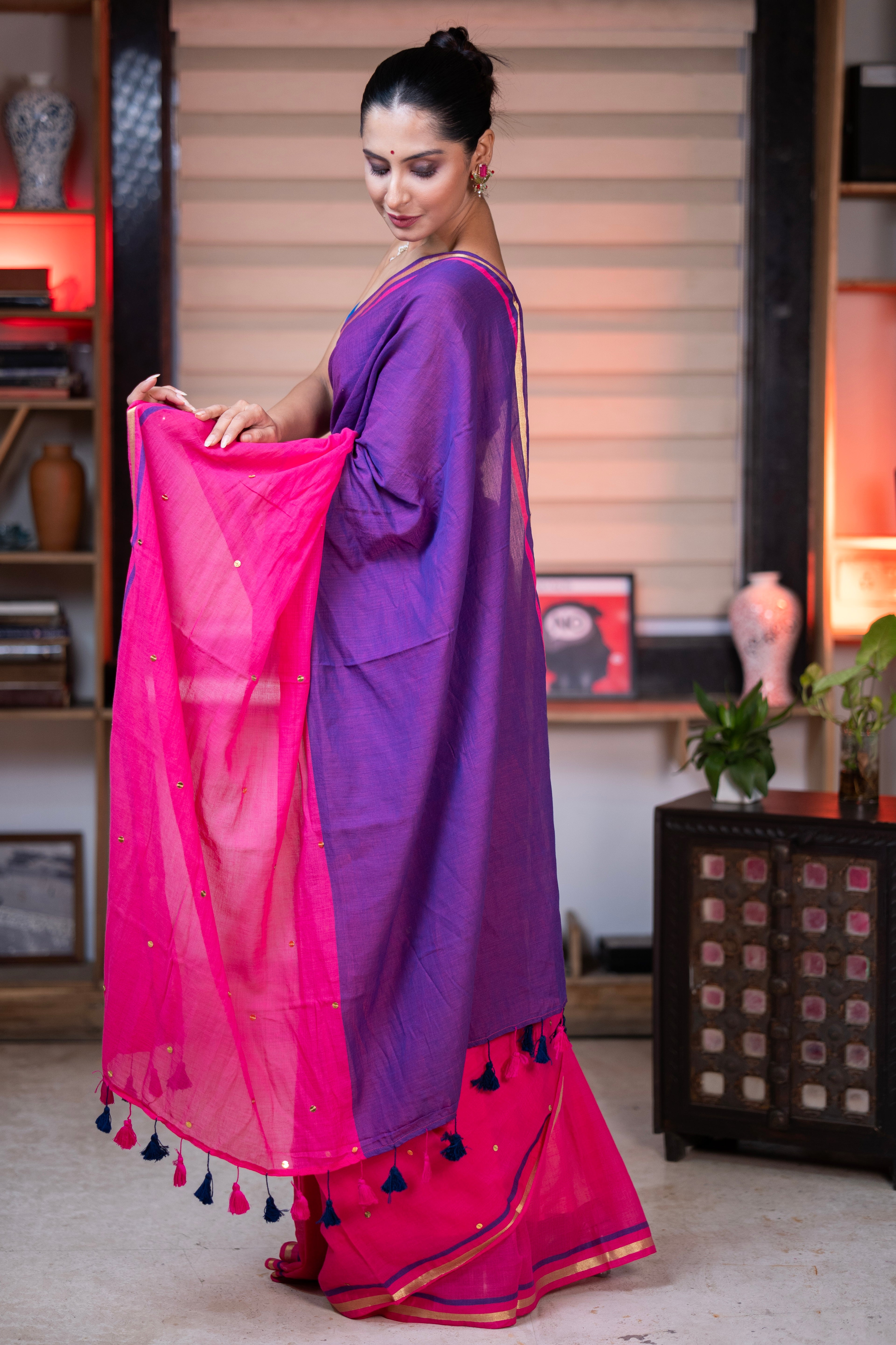 Aarini Mulmul Cotton Half-Half Saree with gini- Zari Work - Blue Rani