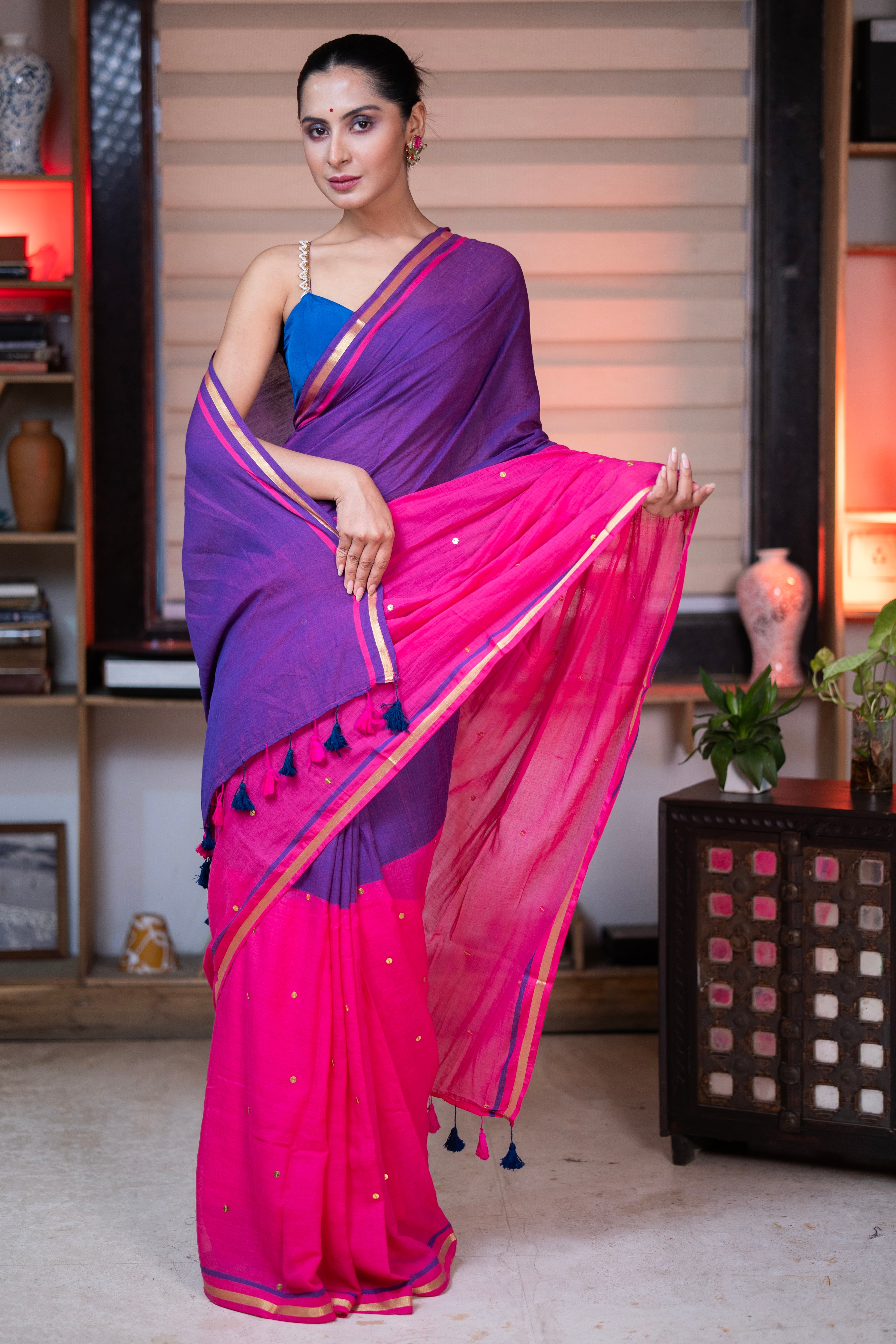 Aarini Mulmul Cotton Half-Half Saree with gini- Zari Work - Blue Rani