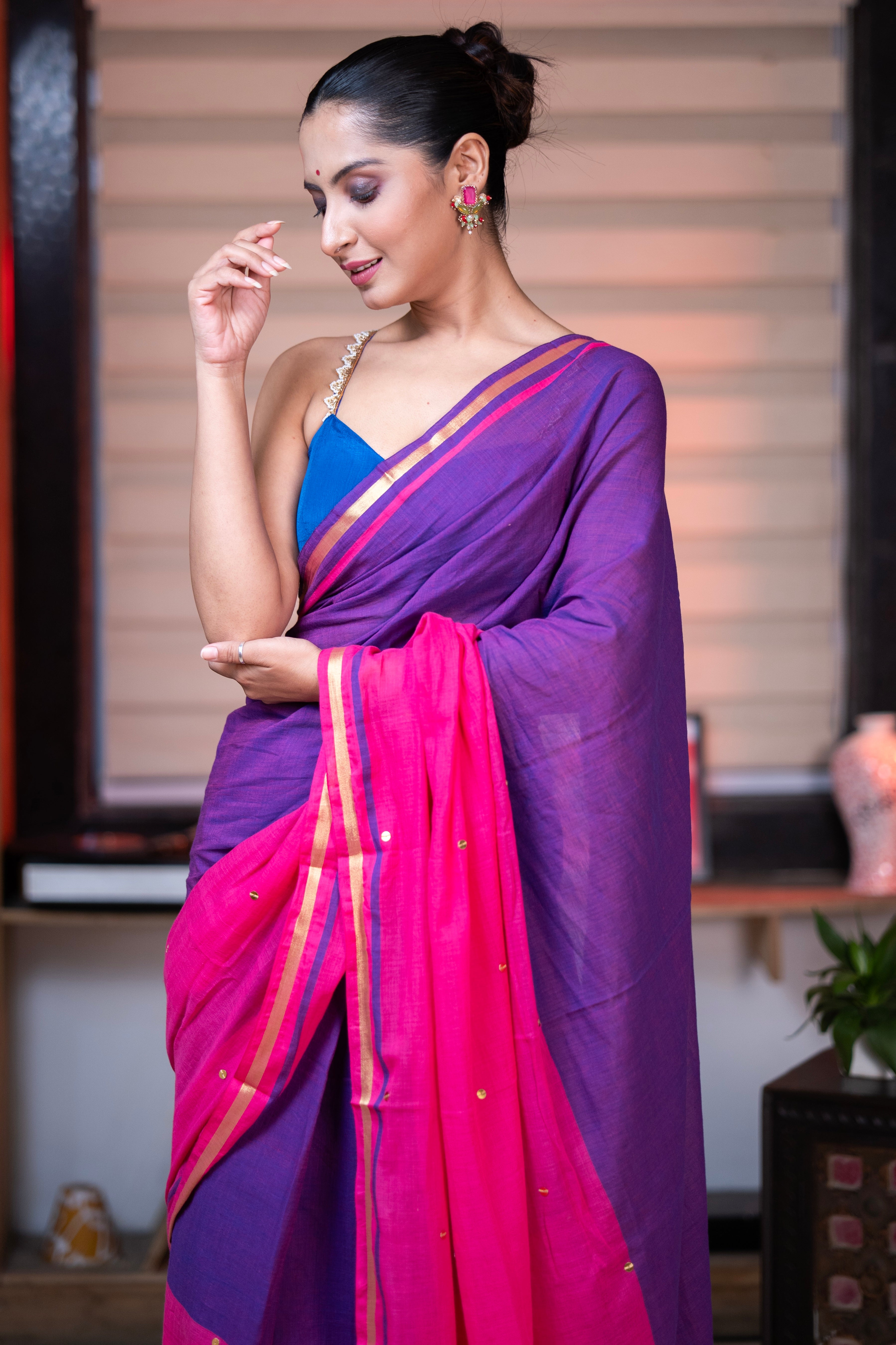 Aarini Mulmul Cotton Half-Half Saree with gini- Zari Work - Blue Rani