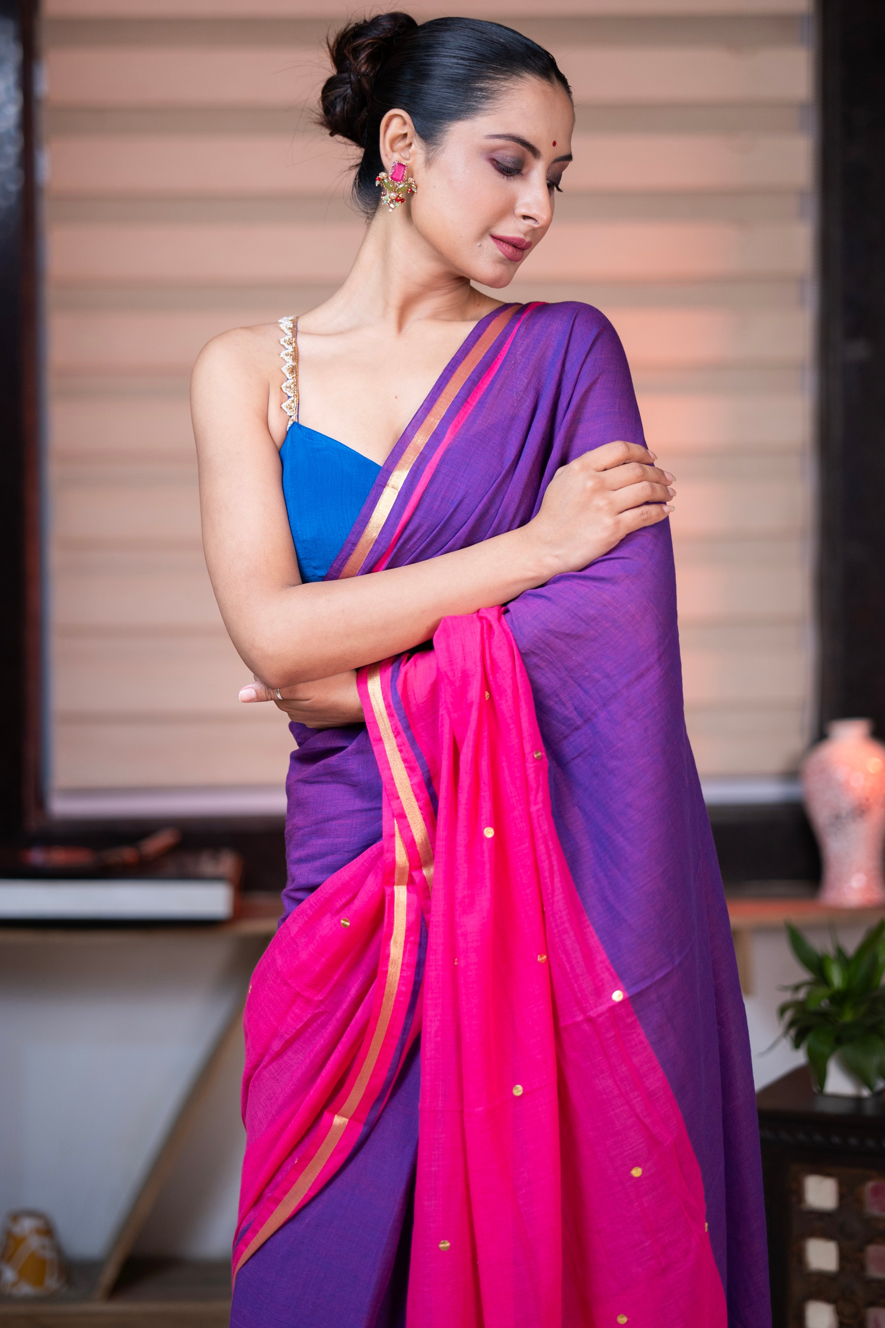 Aarini Mulmul Cotton Half-Half Saree with gini- Zari Work - Blue Rani