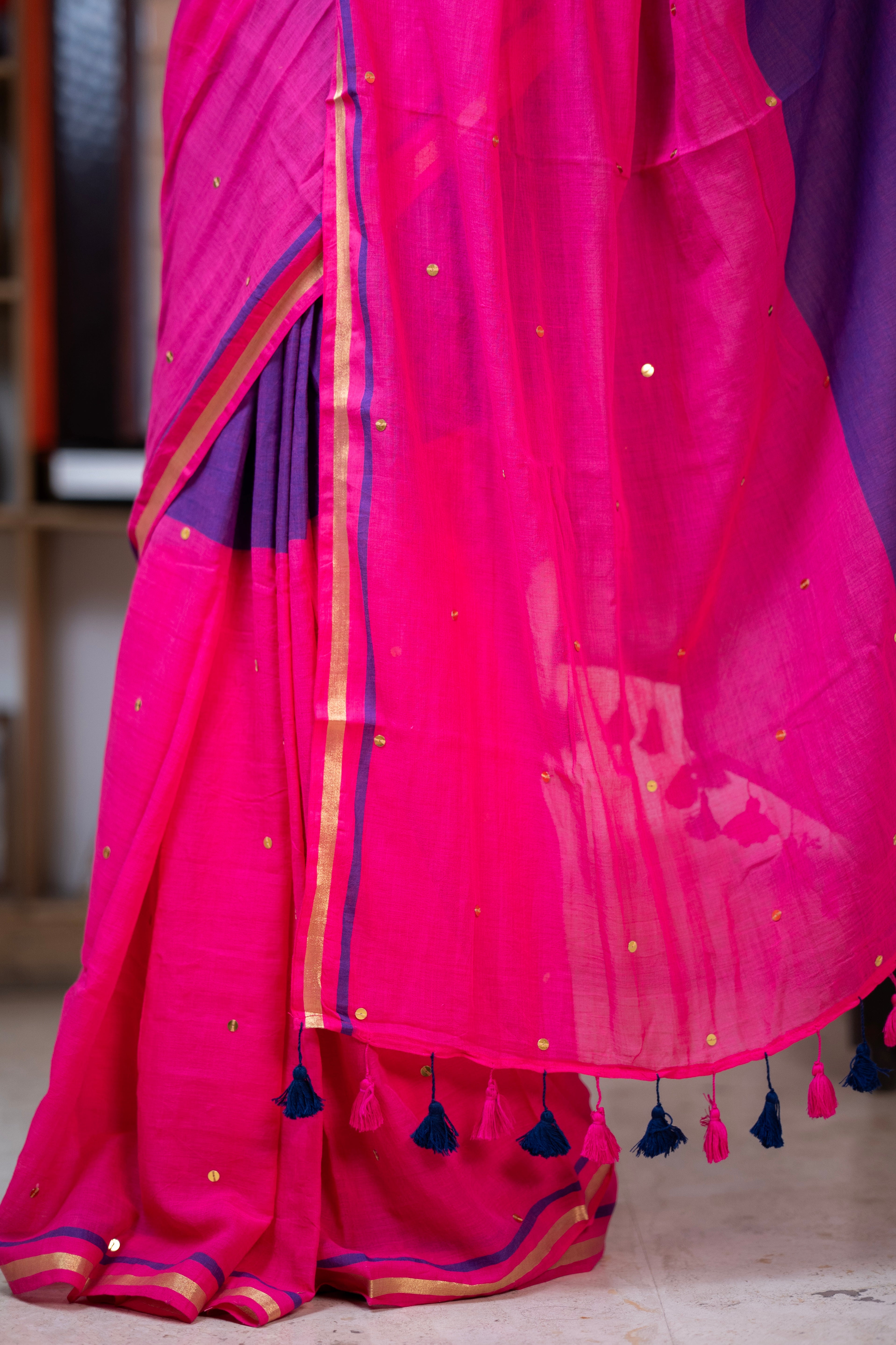 Aarini Mulmul Cotton Half-Half Saree with gini- Zari Work - Blue Rani