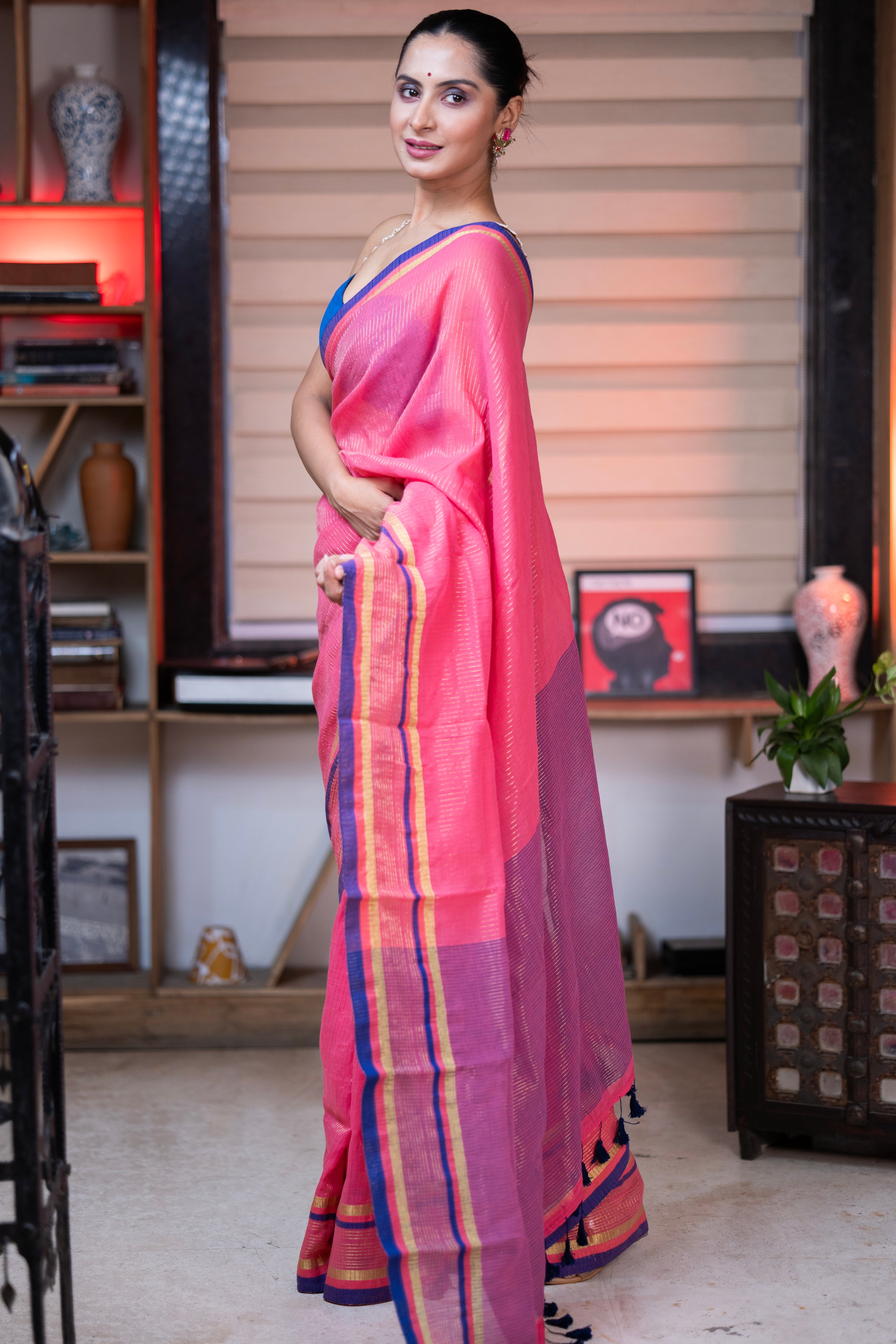 Kesariya Golden Check Mulmul Cotton Saree- Rose Pink