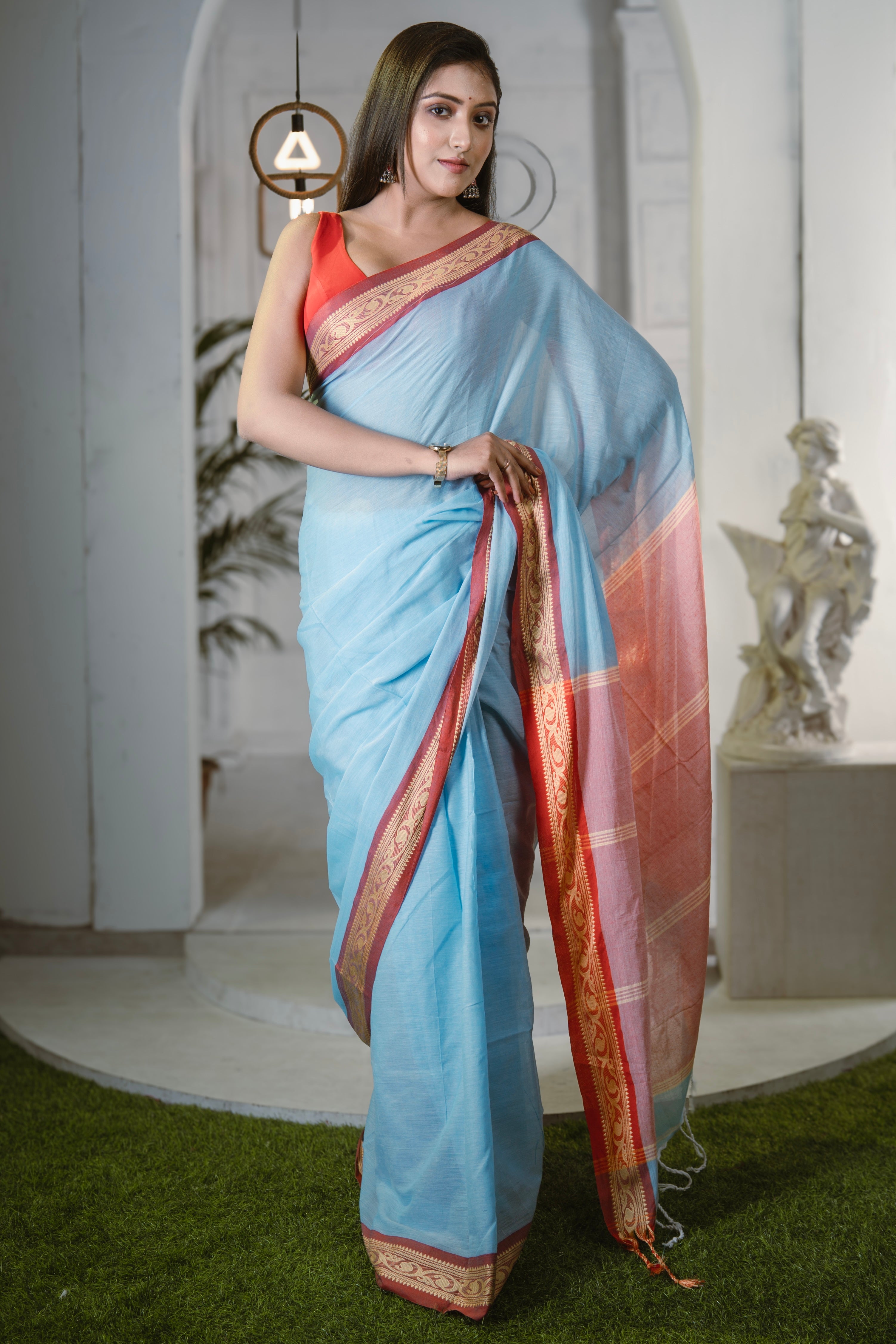 Handwoven Mulmul Cotton Saree- Blue
