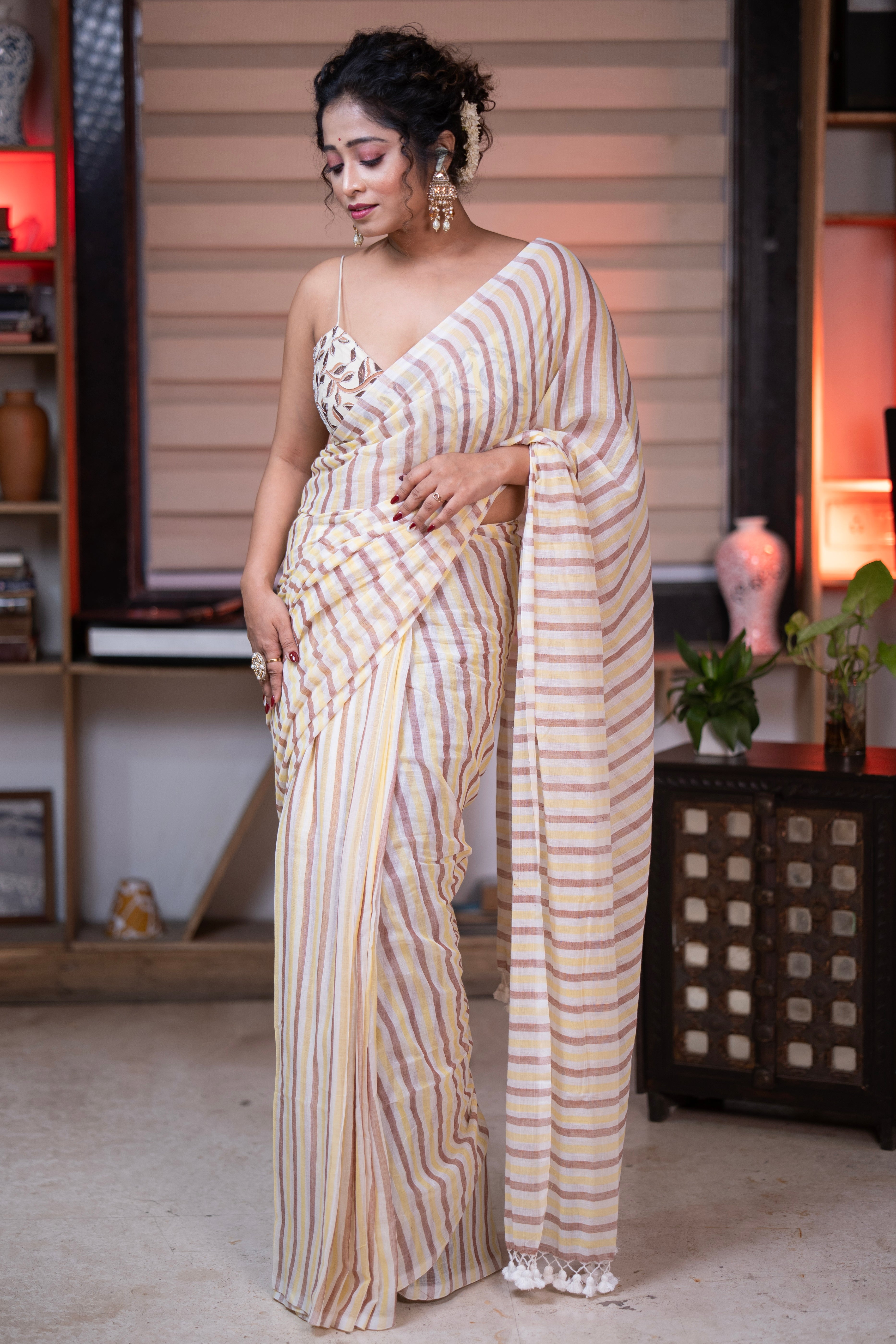 Yellow & Brown Multicolour Stripes Mul Mul Cotton Saree