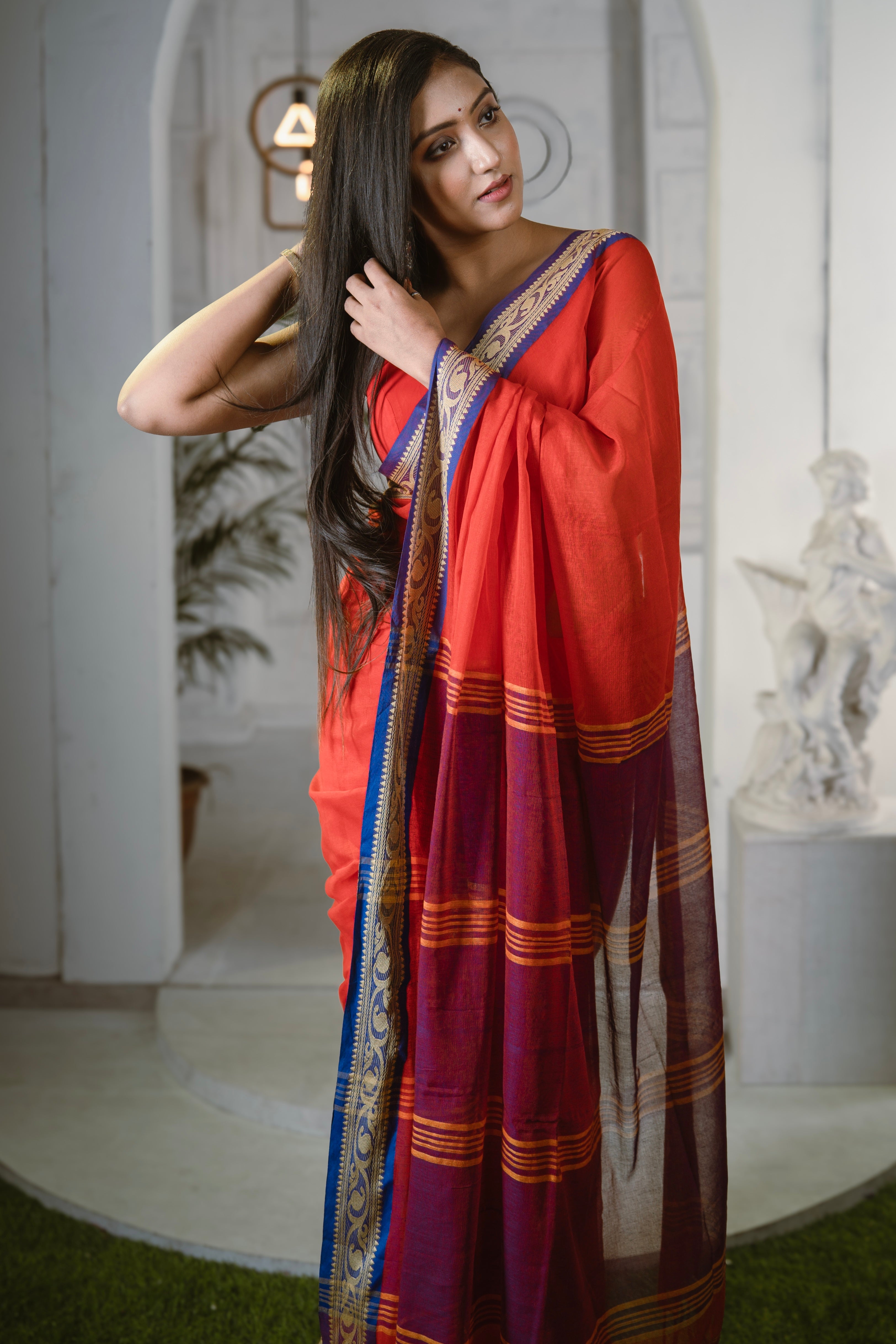 Handwoven Mulmul Cotton Saree- Red