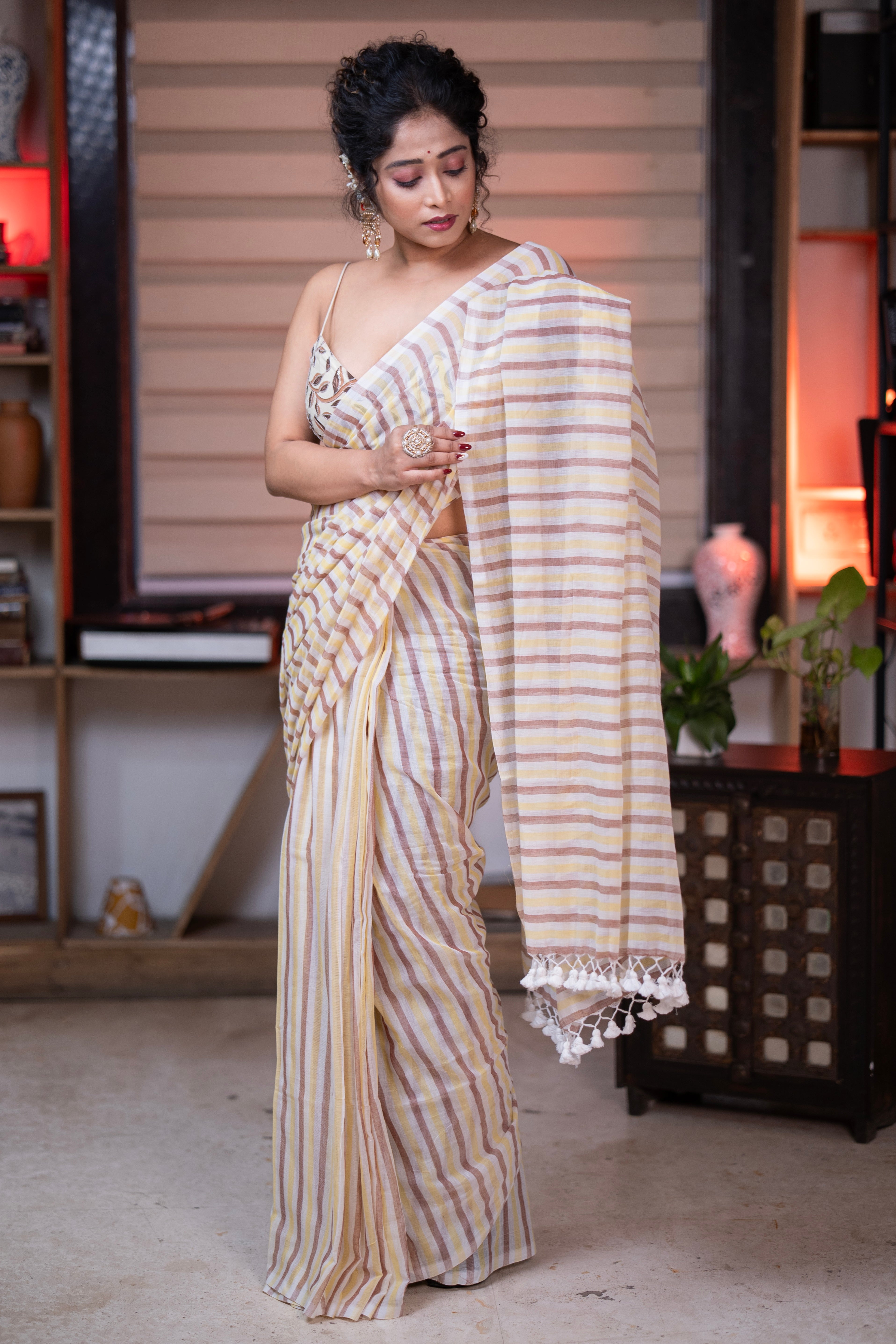 Yellow & Brown Multicolour Stripes Mul Mul Cotton Saree