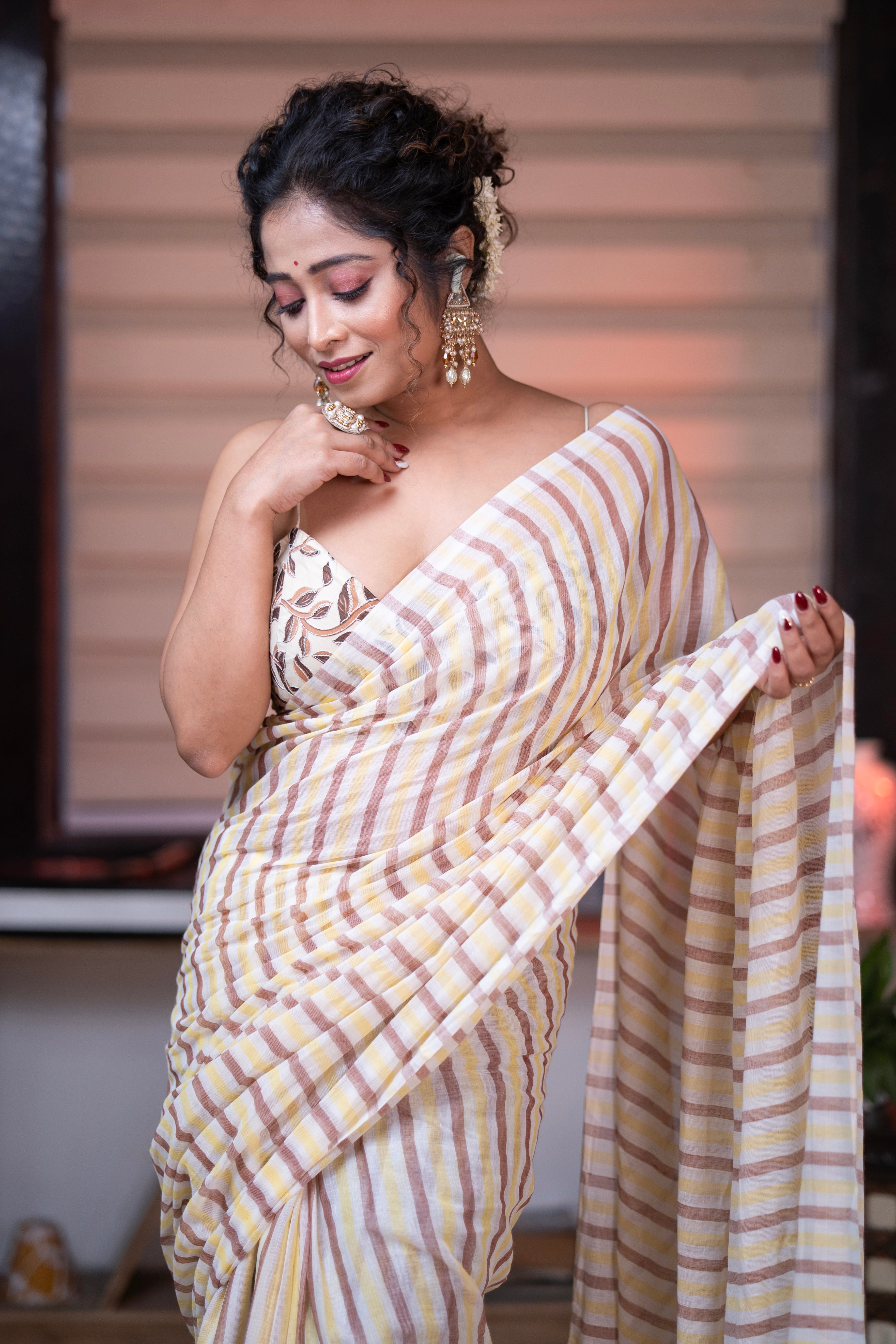 Yellow & Brown Multicolour Stripes Mul Mul Cotton Saree