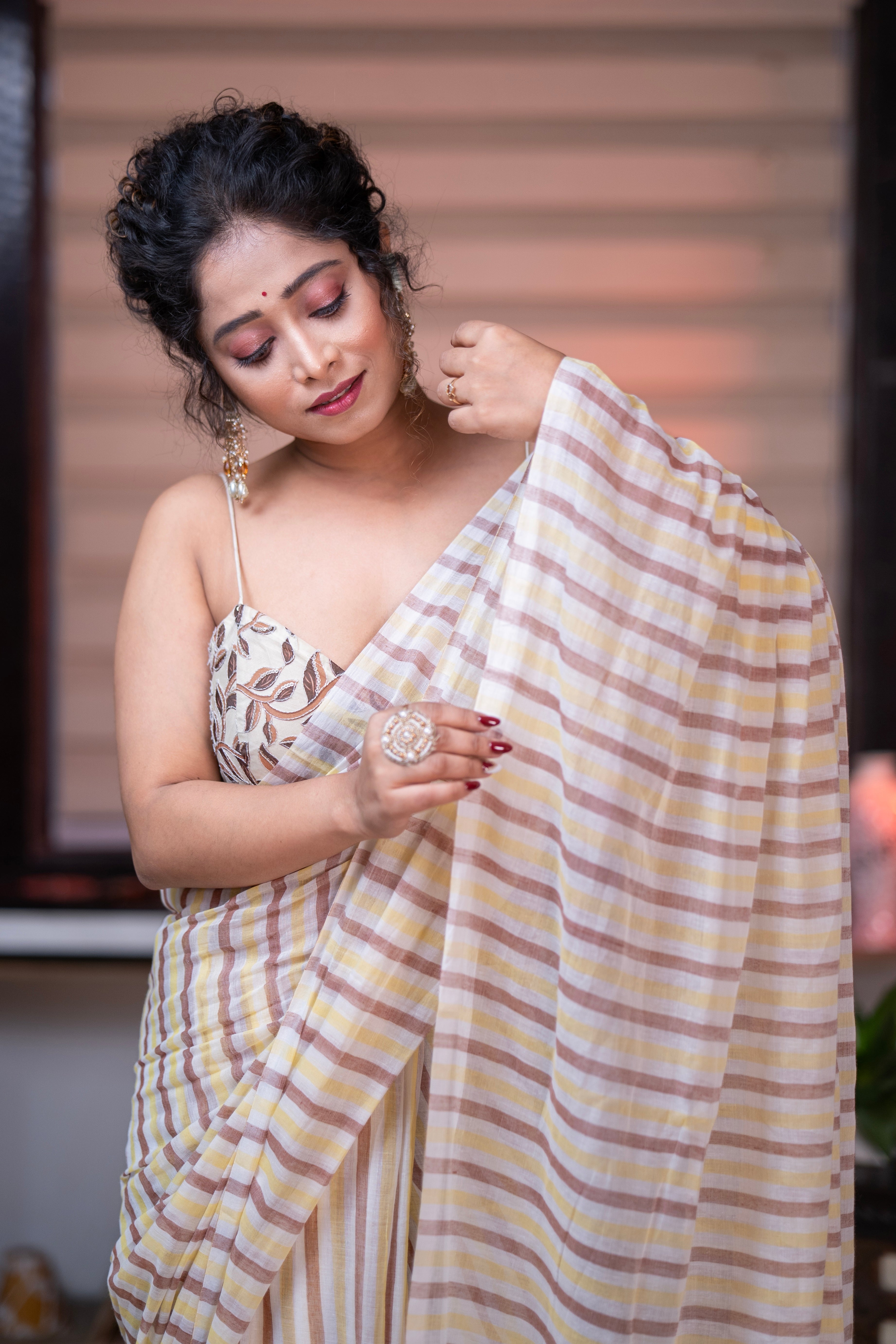 Yellow & Brown Multicolour Stripes Mul Mul Cotton Saree