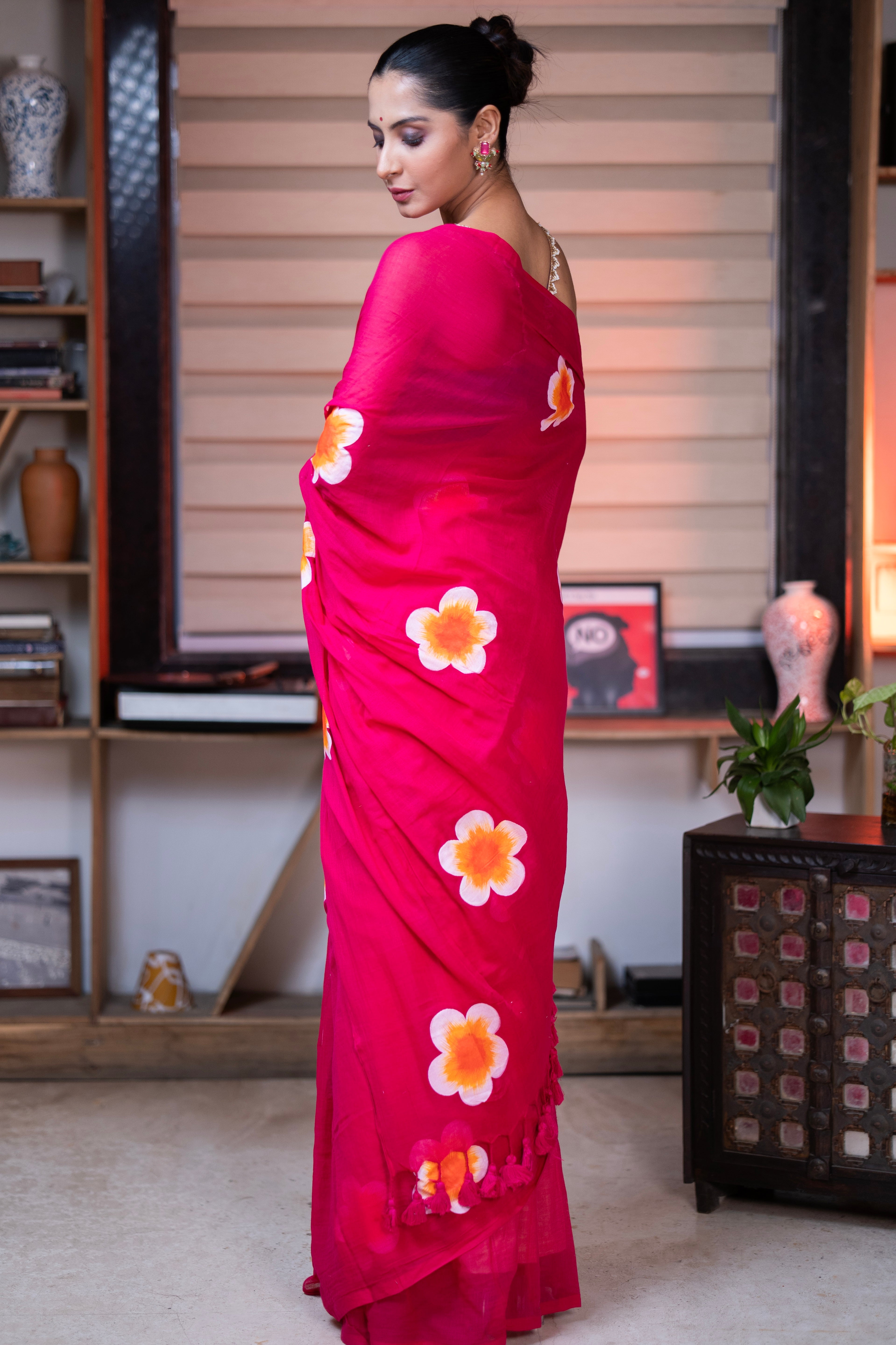 Rani Hand-Printed Floral Mulmul Cotton Saree