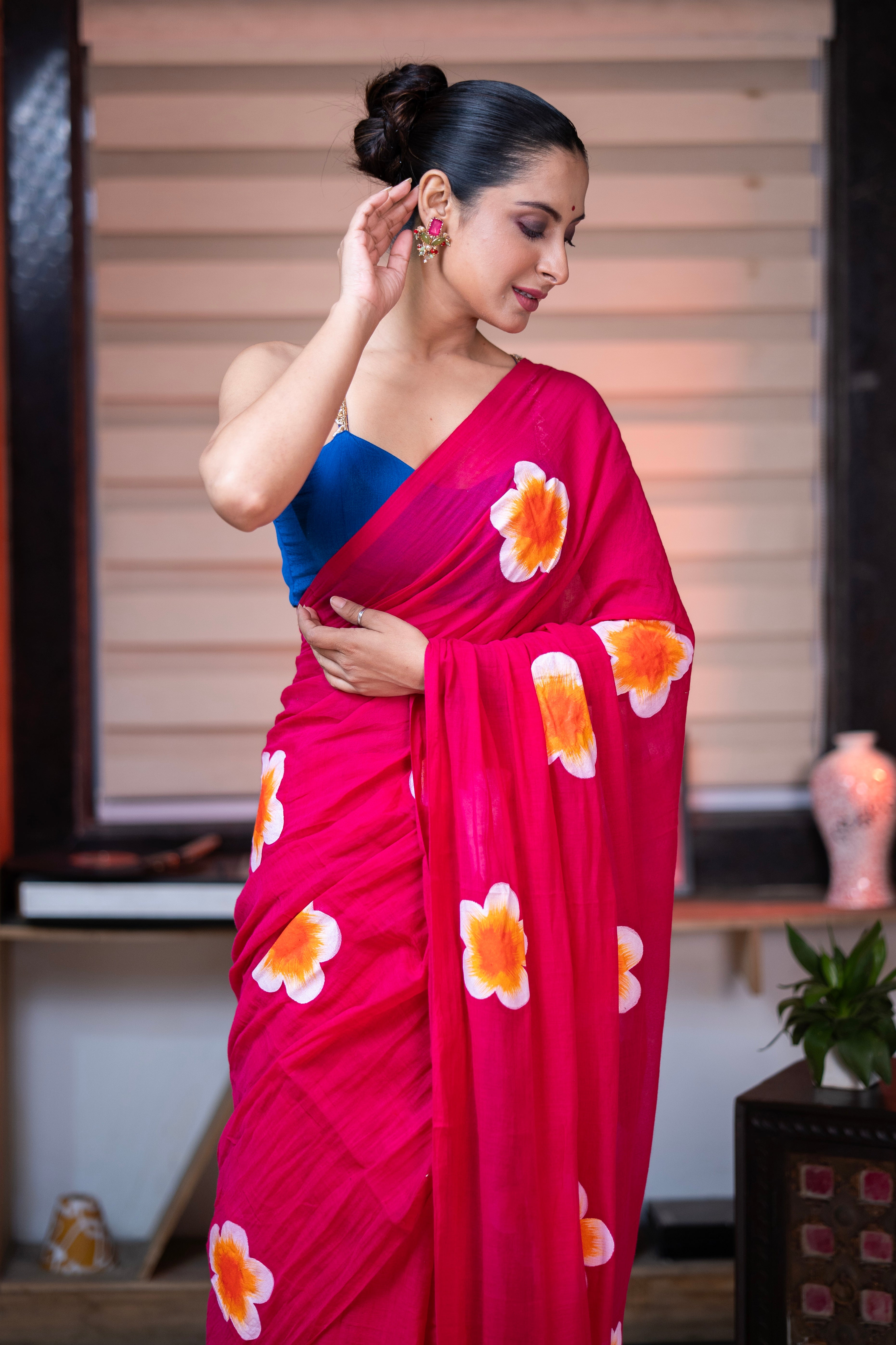 Rani Hand-Printed Floral Mulmul Cotton Saree