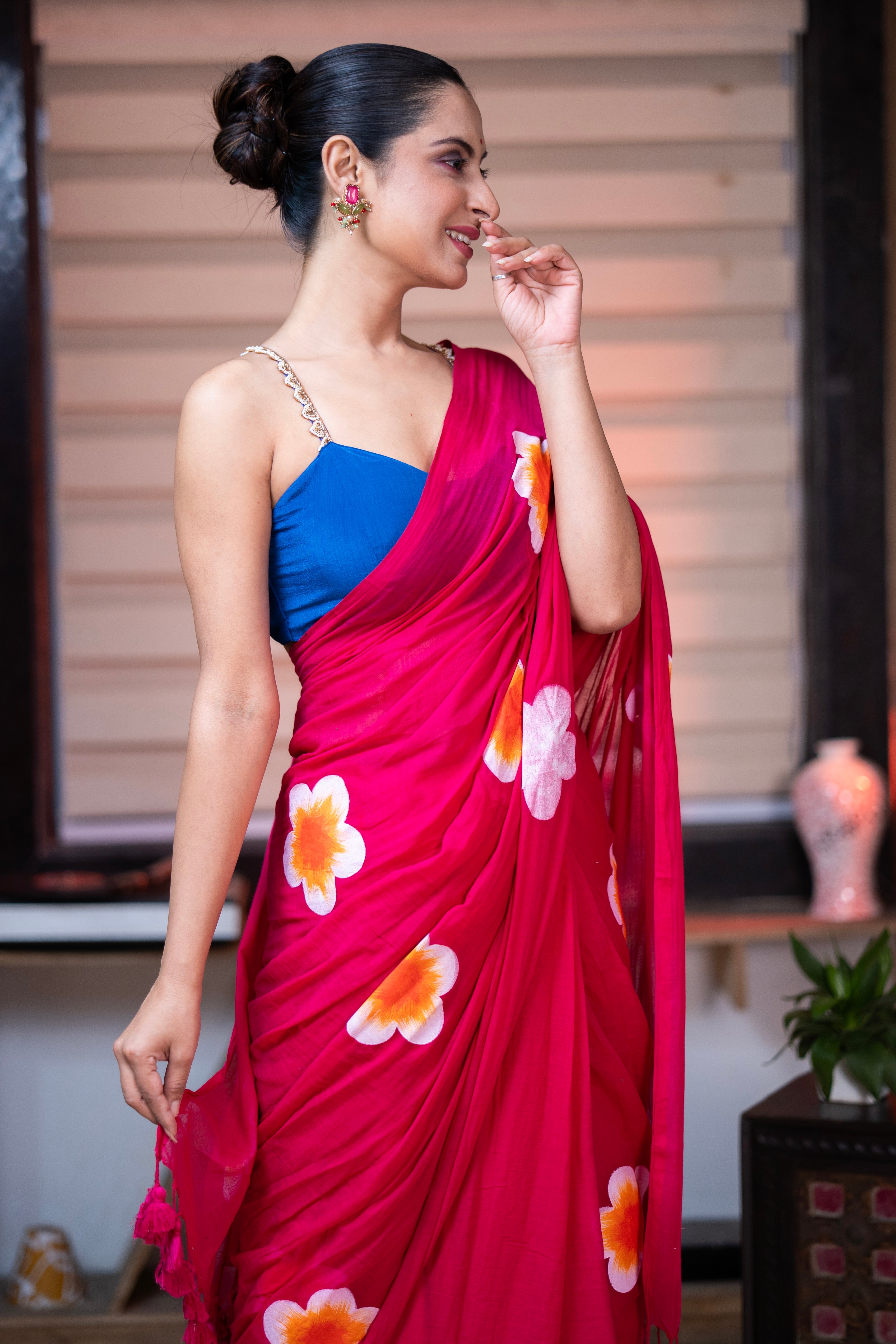 Rani Hand-Printed Floral Mulmul Cotton Saree