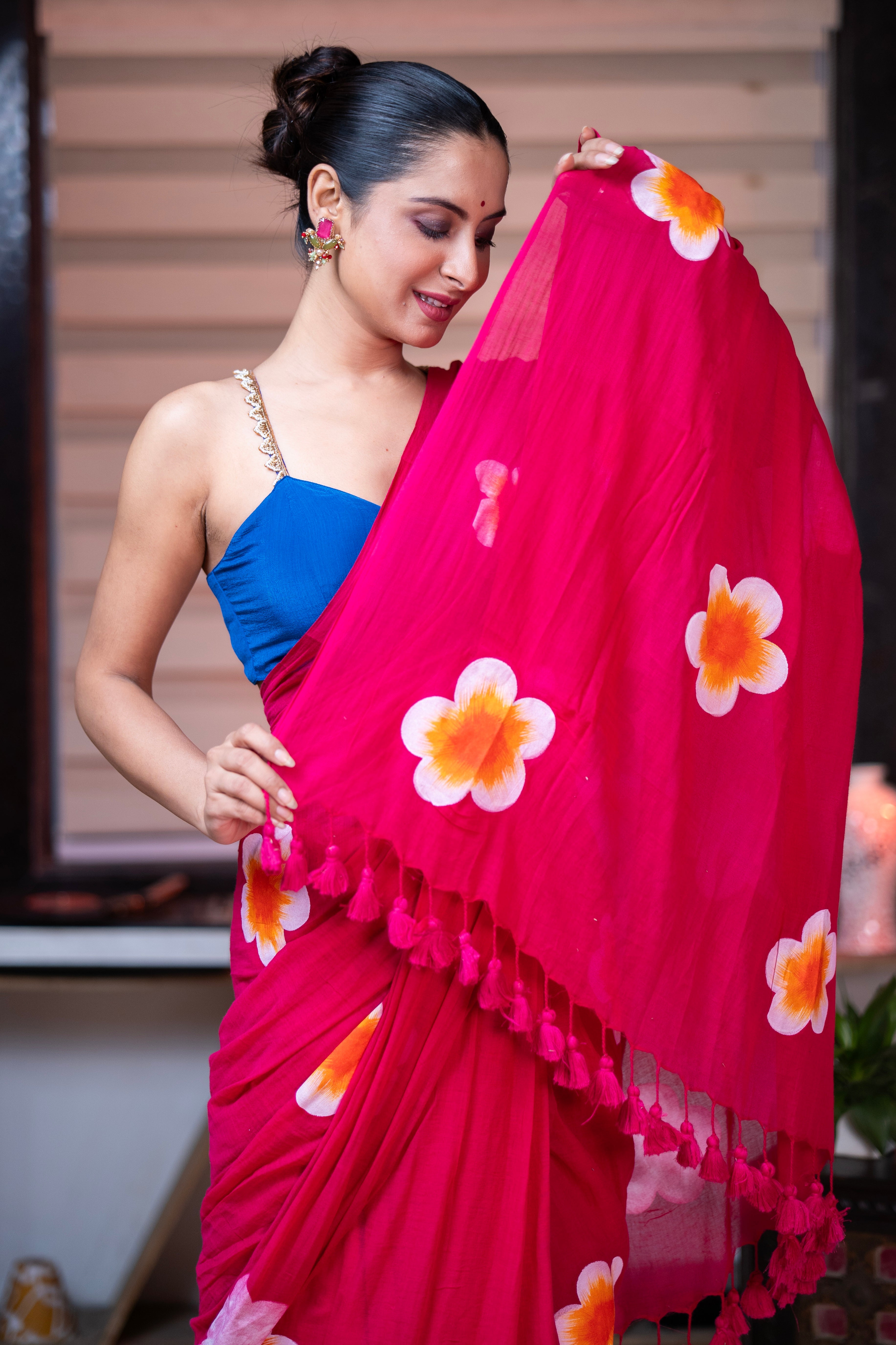 Rani Hand-Printed Floral Mulmul Cotton Saree