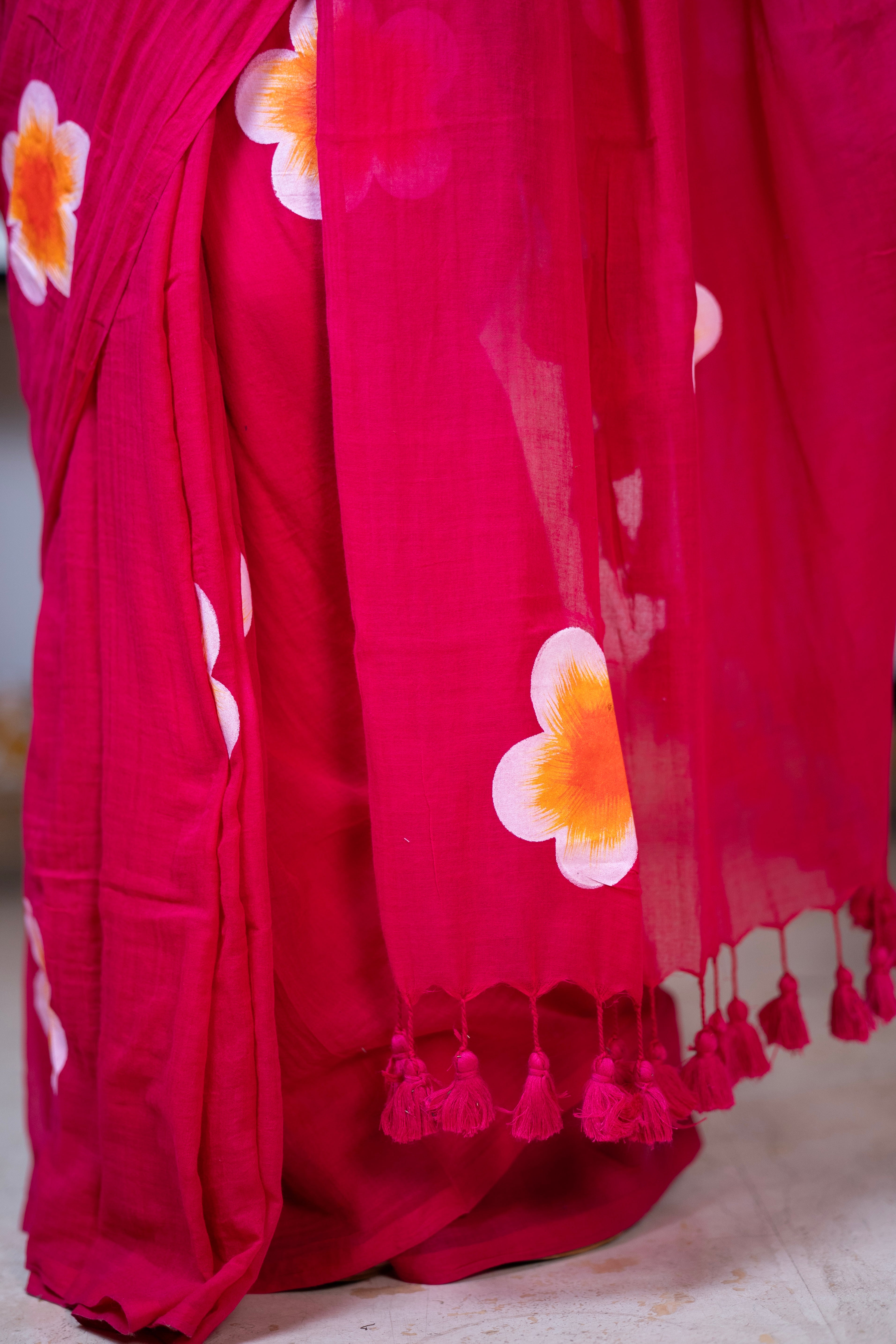 Rani Hand-Printed Floral Mulmul Cotton Saree