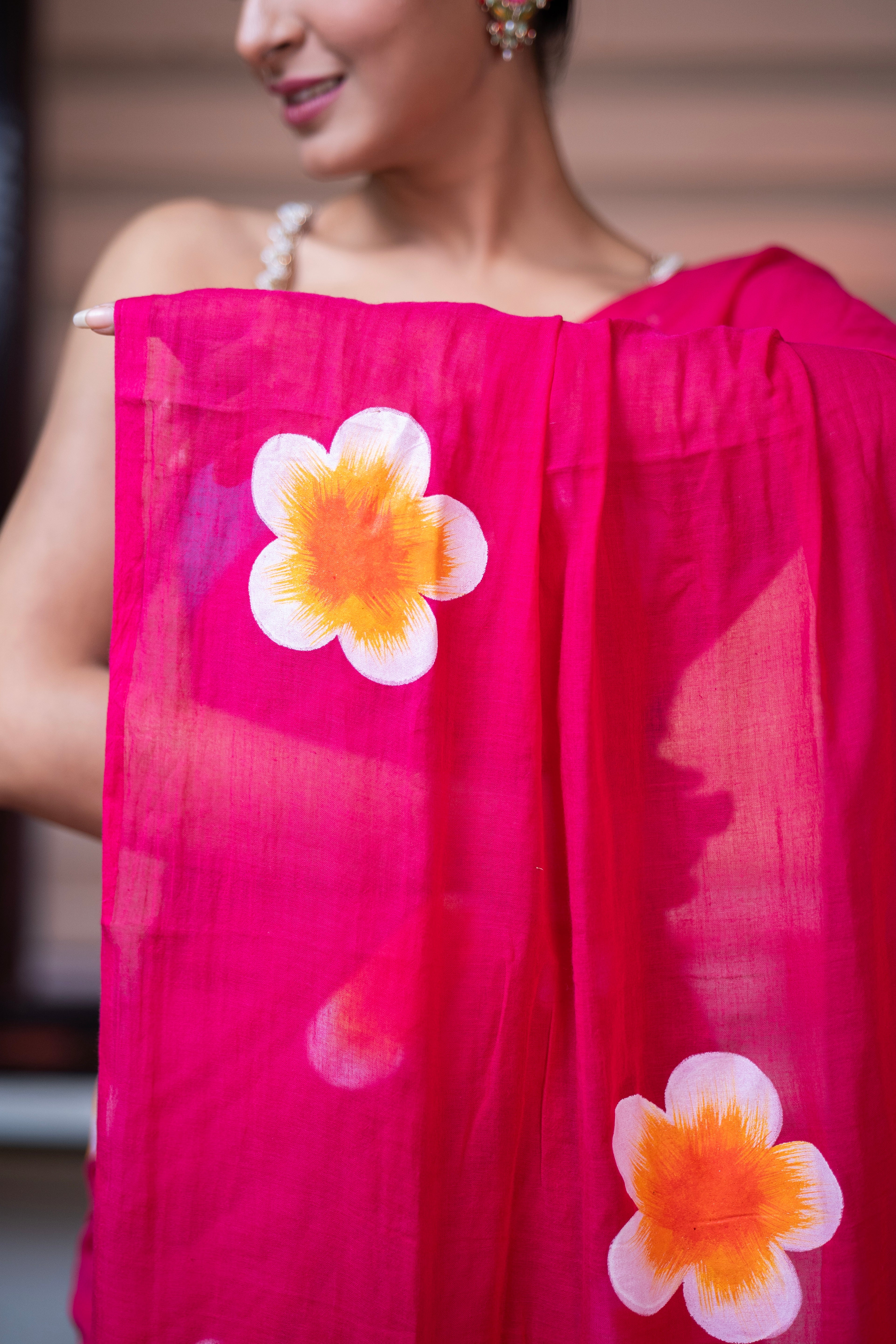 Rani Hand-Printed Floral Mulmul Cotton Saree