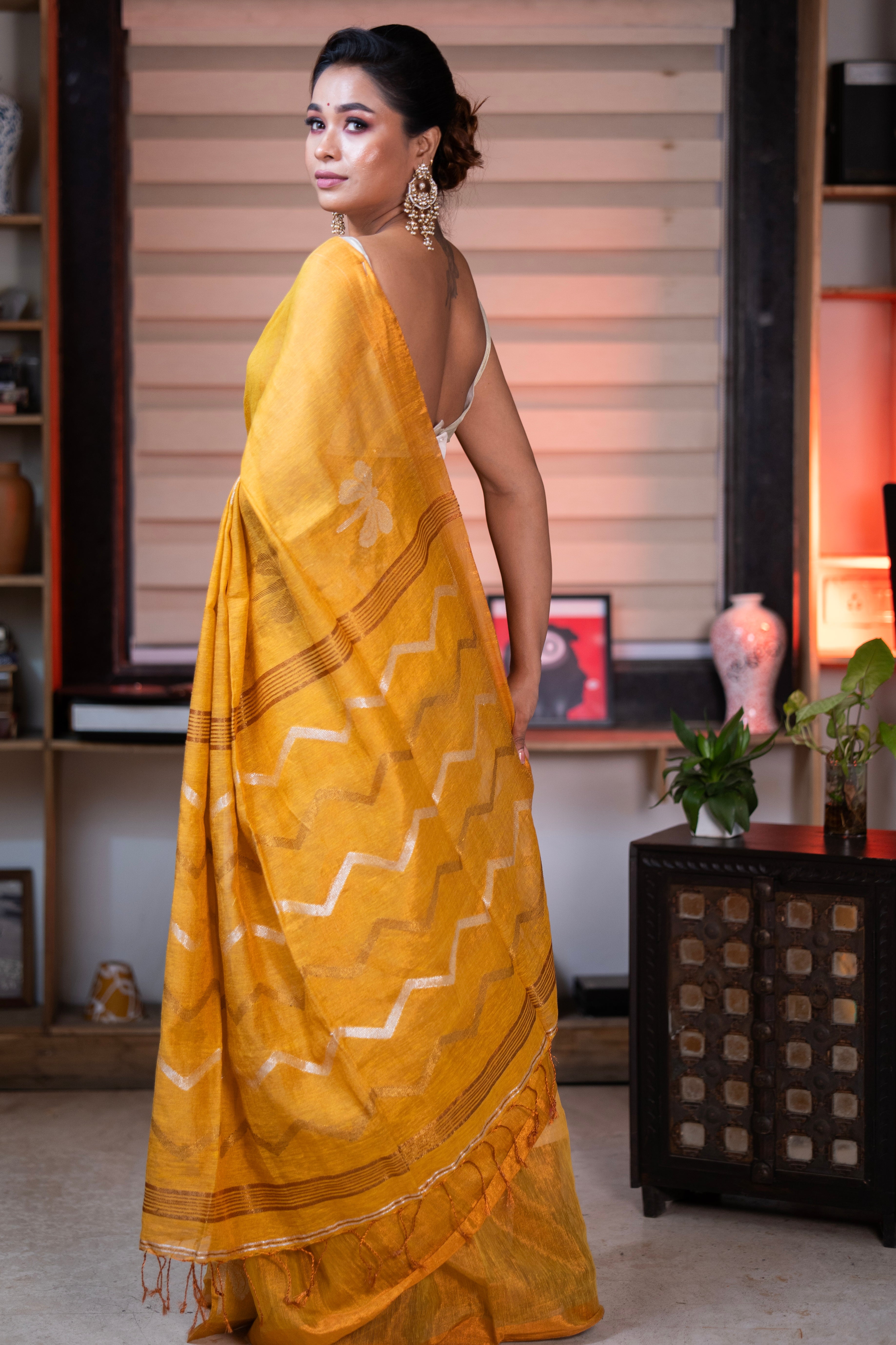 Sunshine Yellow Pure Tissue Linen Butterfly Hand Woven Saree