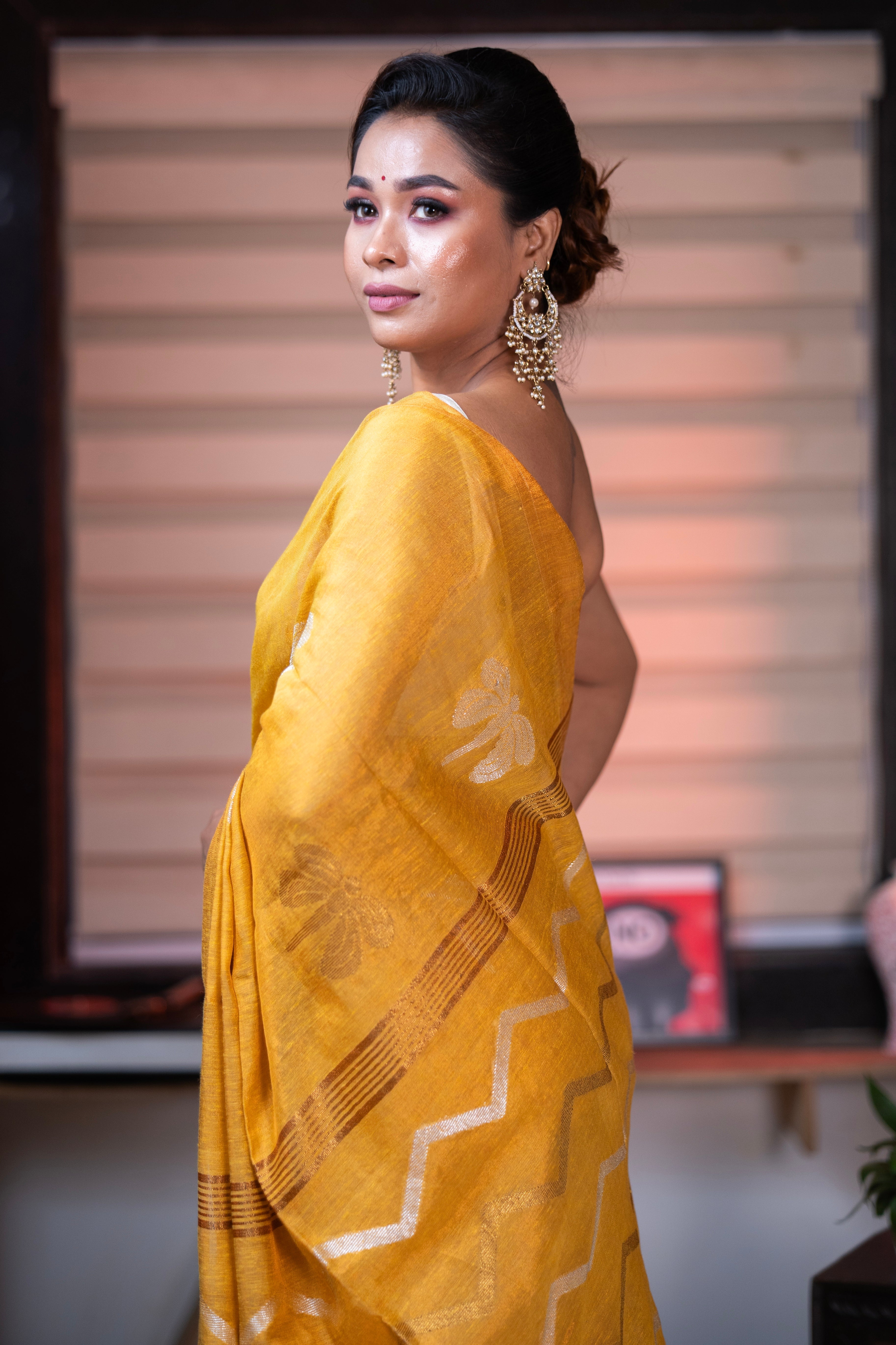 Sunshine Yellow Pure Tissue Linen Butterfly Hand Woven Saree