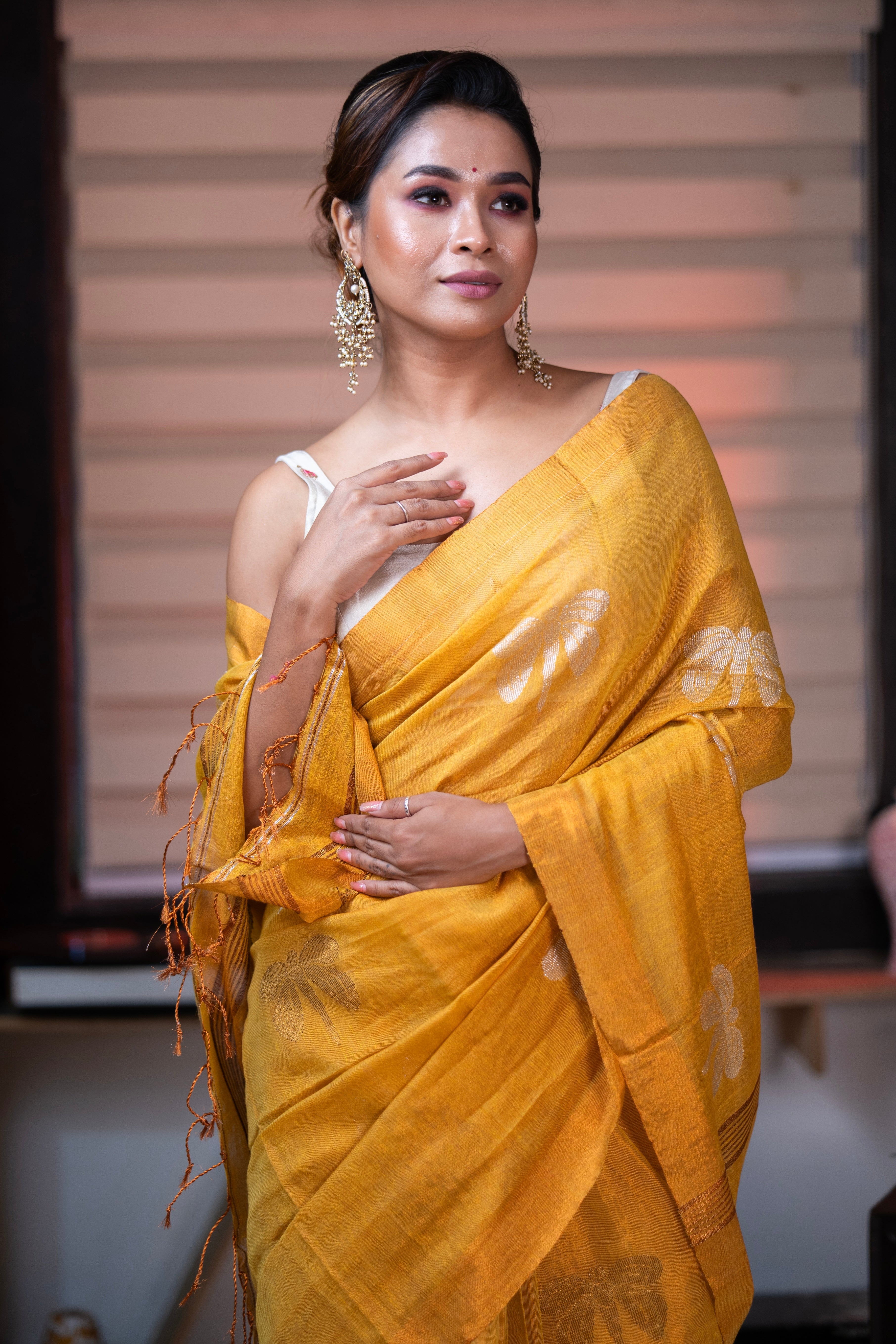 Sunshine Yellow Pure Tissue Linen Butterfly Hand Woven Saree