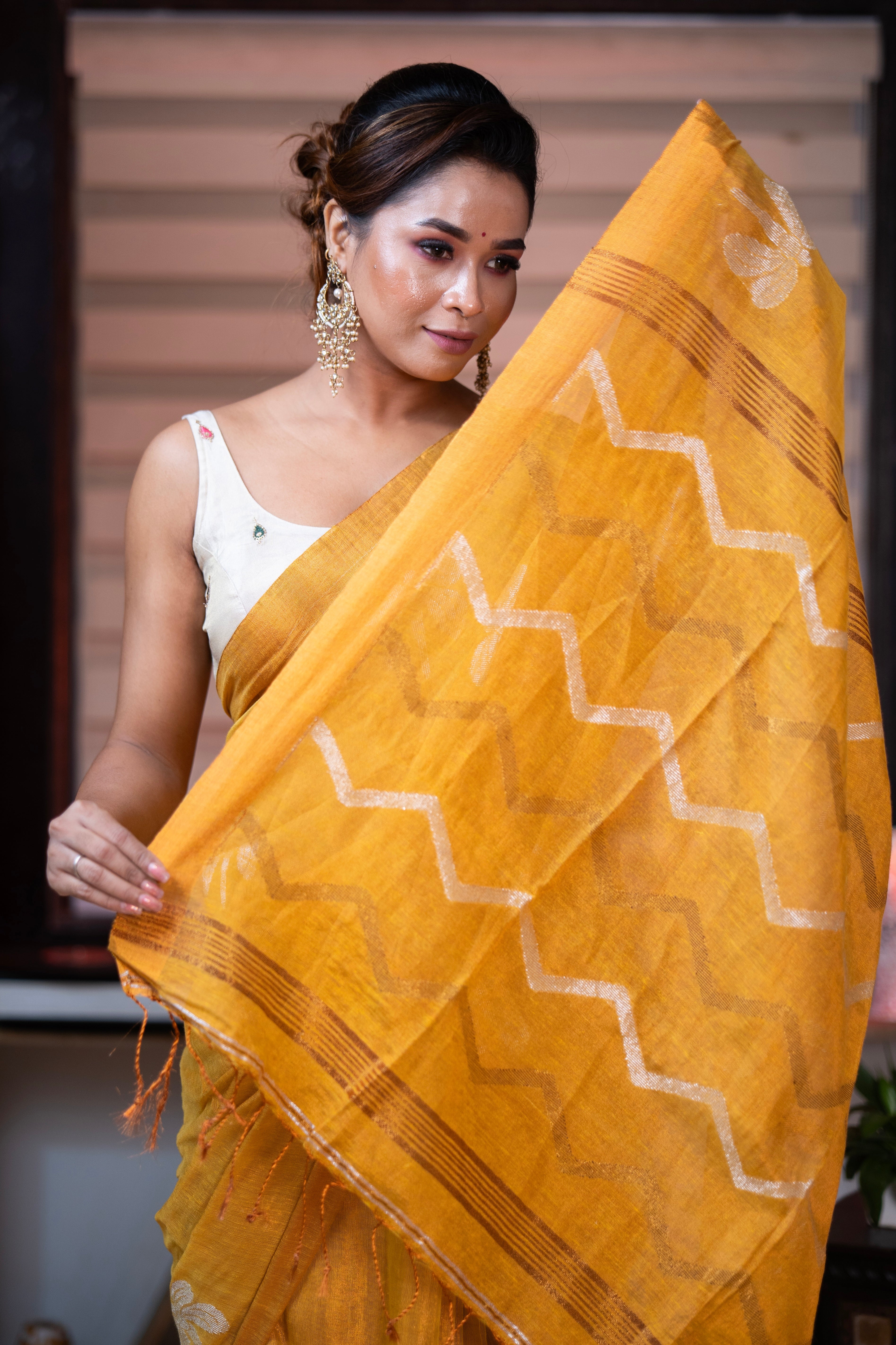 Sunshine Yellow Pure Tissue Linen Butterfly Hand Woven Saree