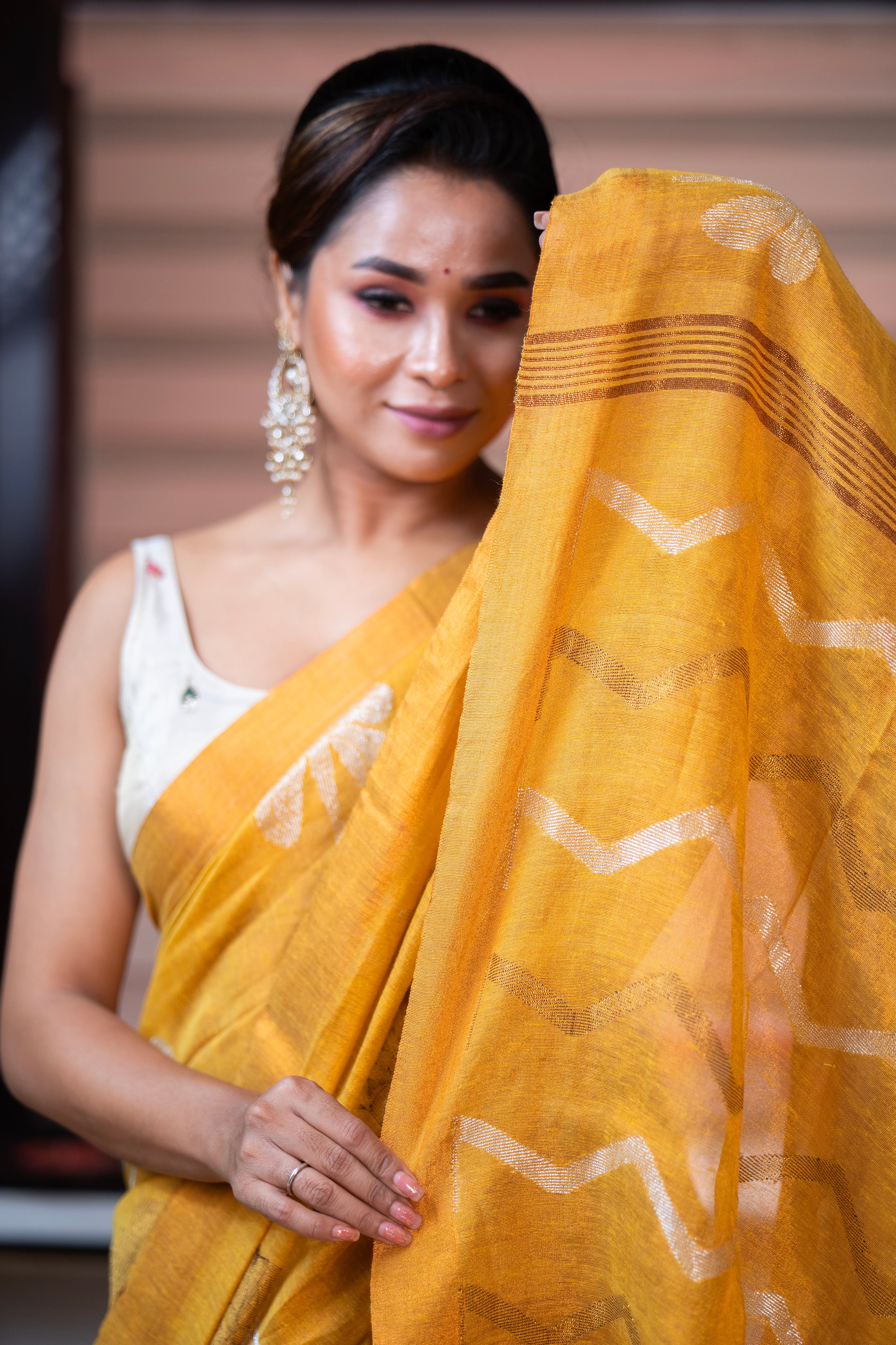 Sunshine Yellow Pure Tissue Linen Butterfly Hand Woven Saree