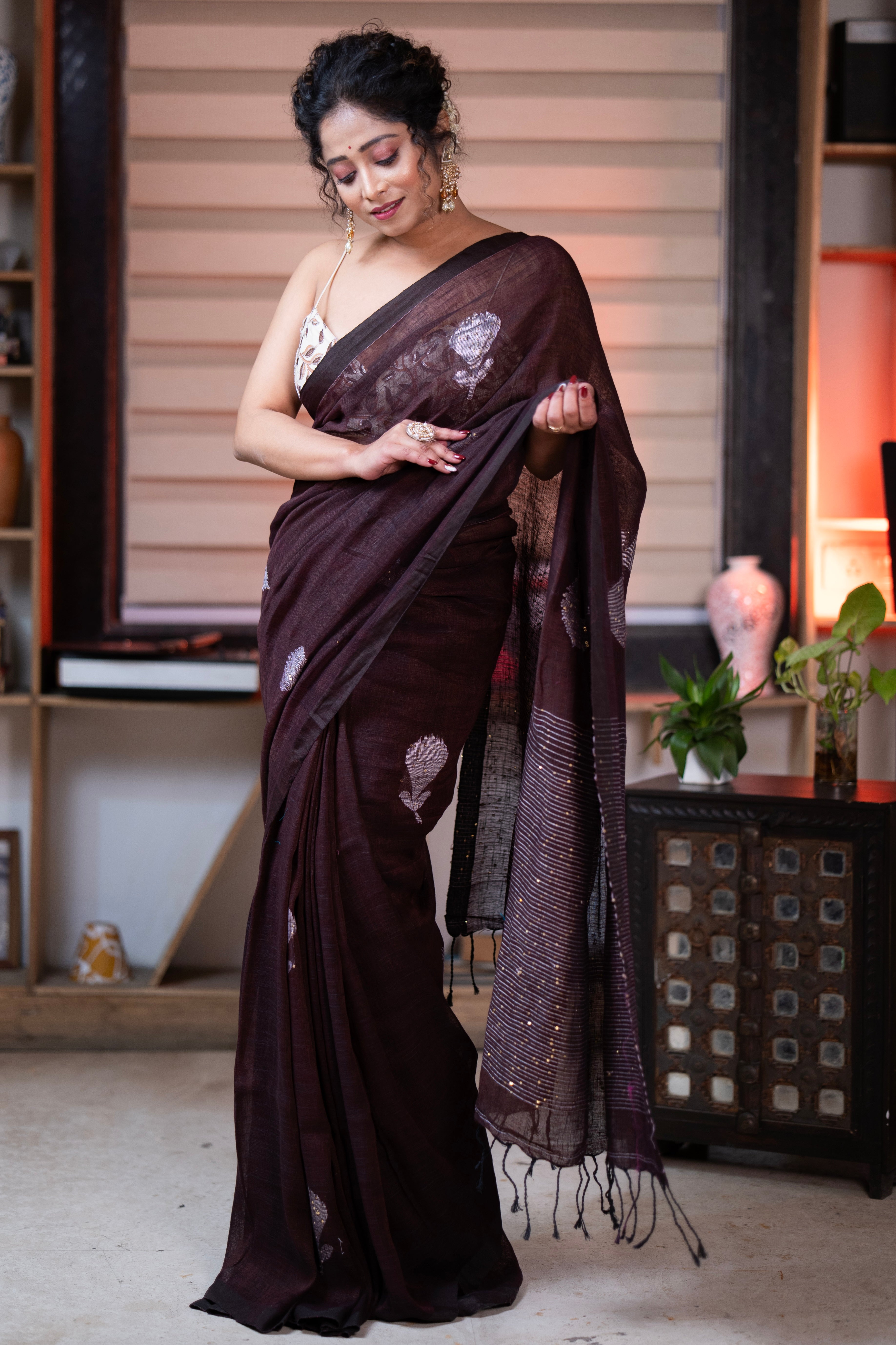 Brown Rose Handwoven Linen Saree with Sequence Work