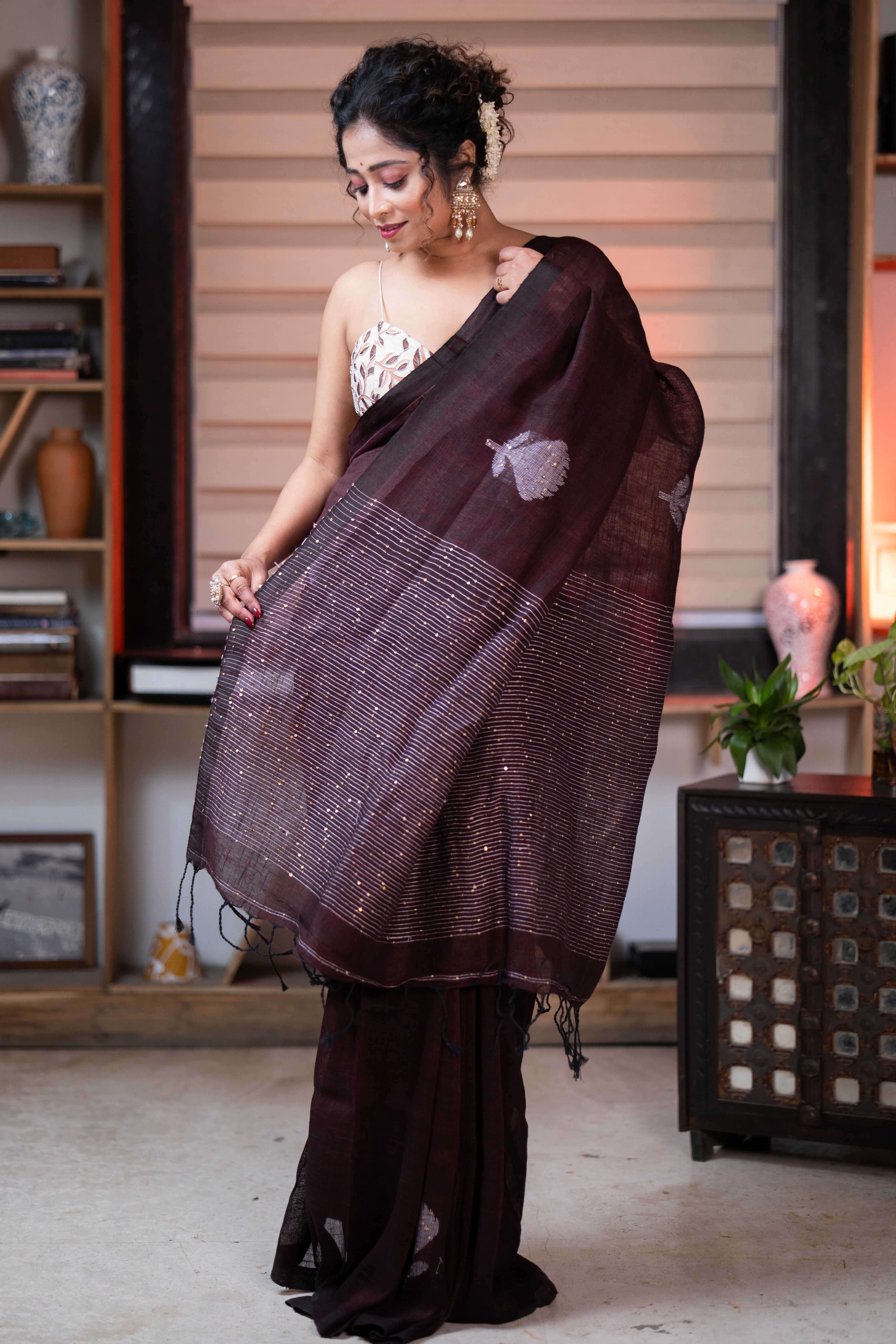 Brown Rose Handwoven Linen Saree with Sequence Work