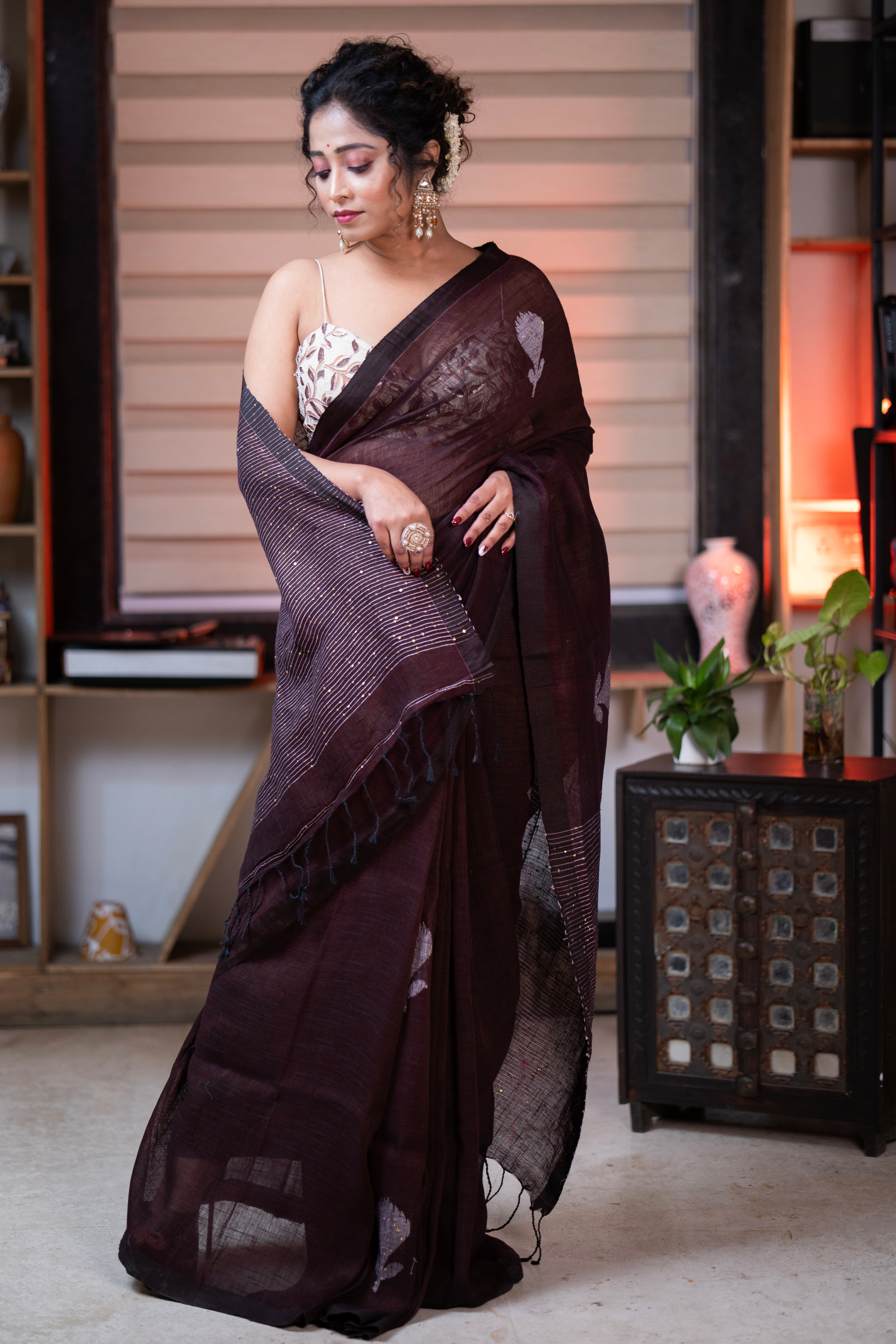 Brown Rose Handwoven Linen Saree with Sequence Work