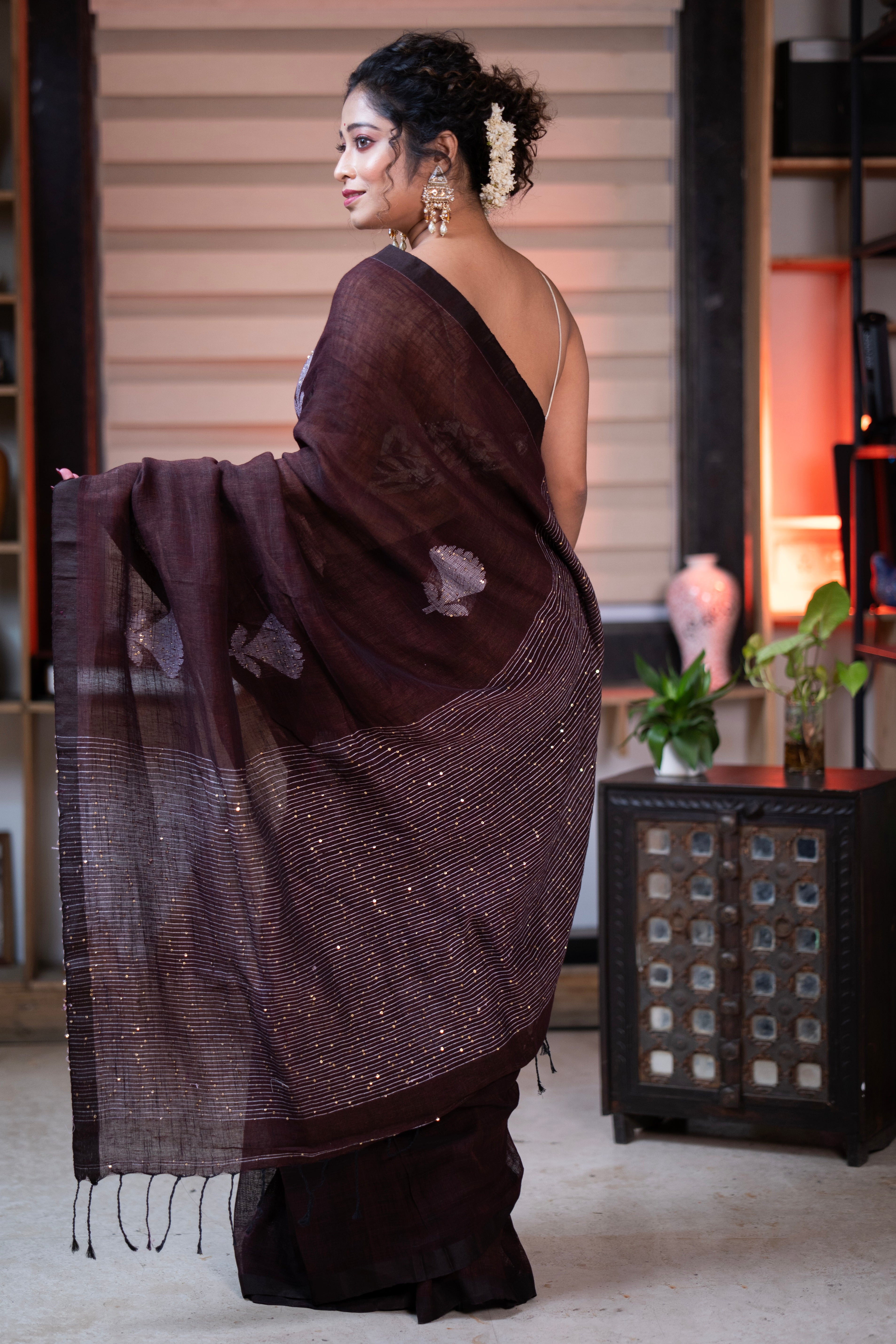 Brown Rose Handwoven Linen Saree with Sequence Work