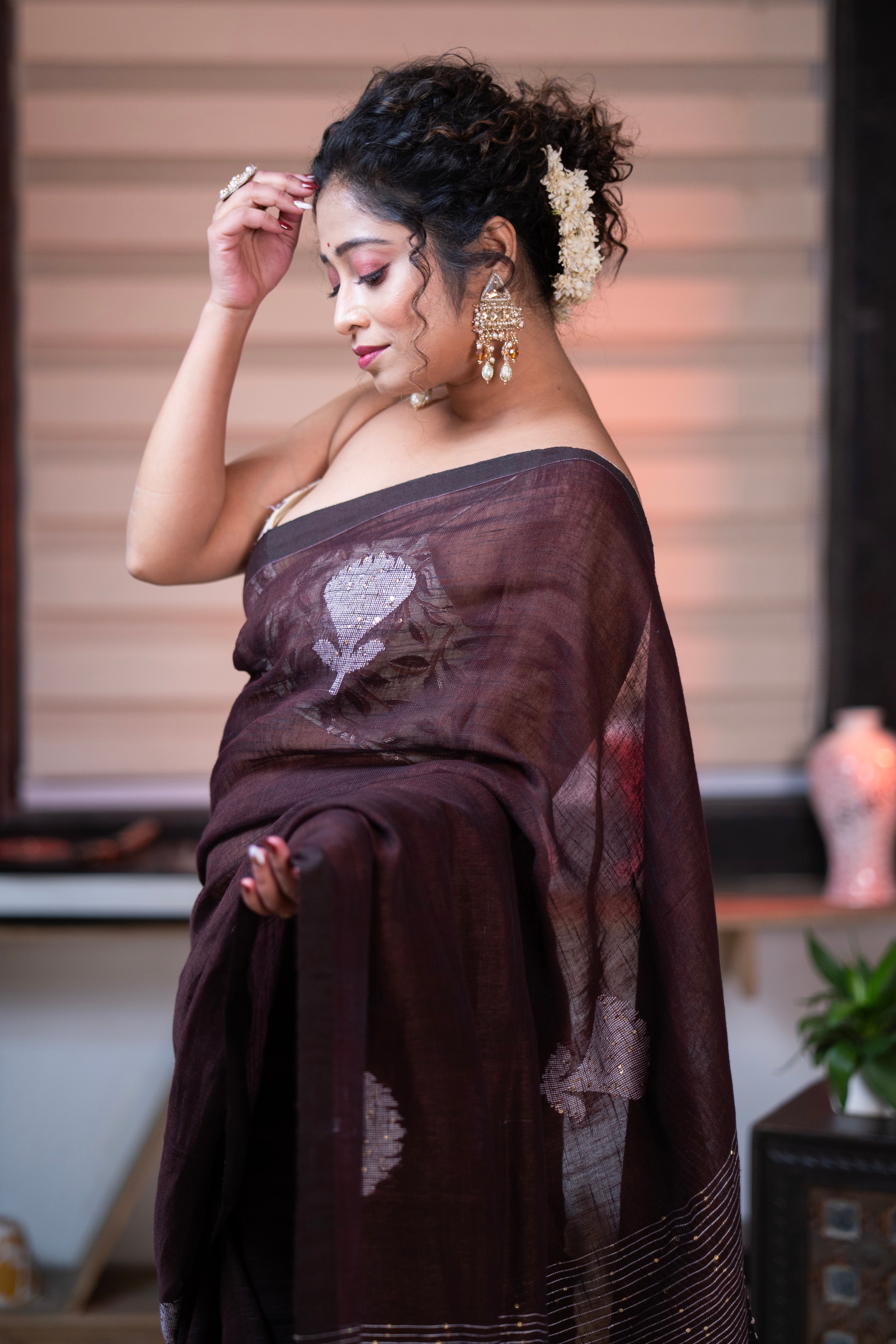 Brown Rose Handwoven Linen Saree with Sequence Work