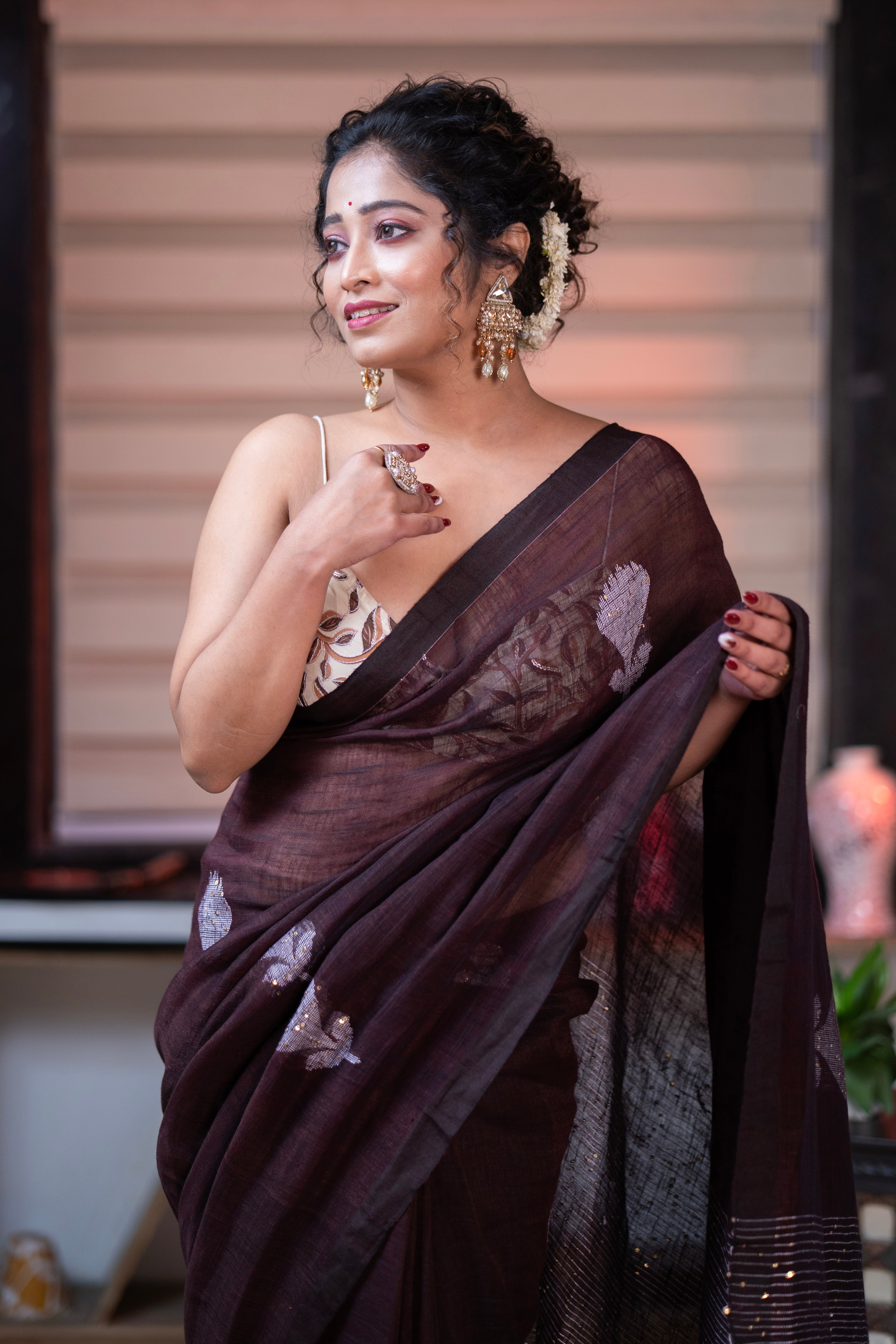 Brown Rose Handwoven Linen Saree with Sequence Work