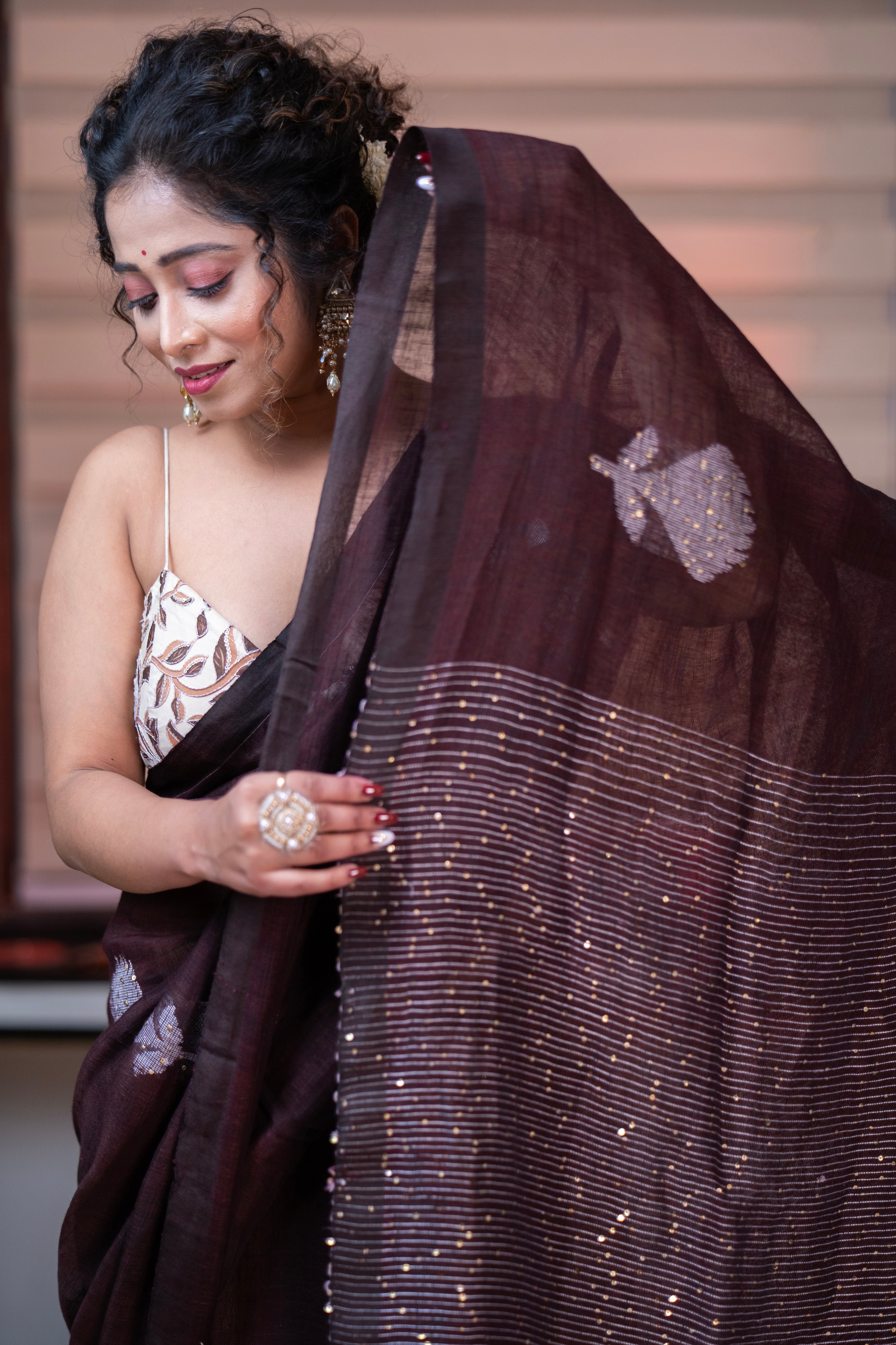 Brown Rose Handwoven Linen Saree with Sequence Work