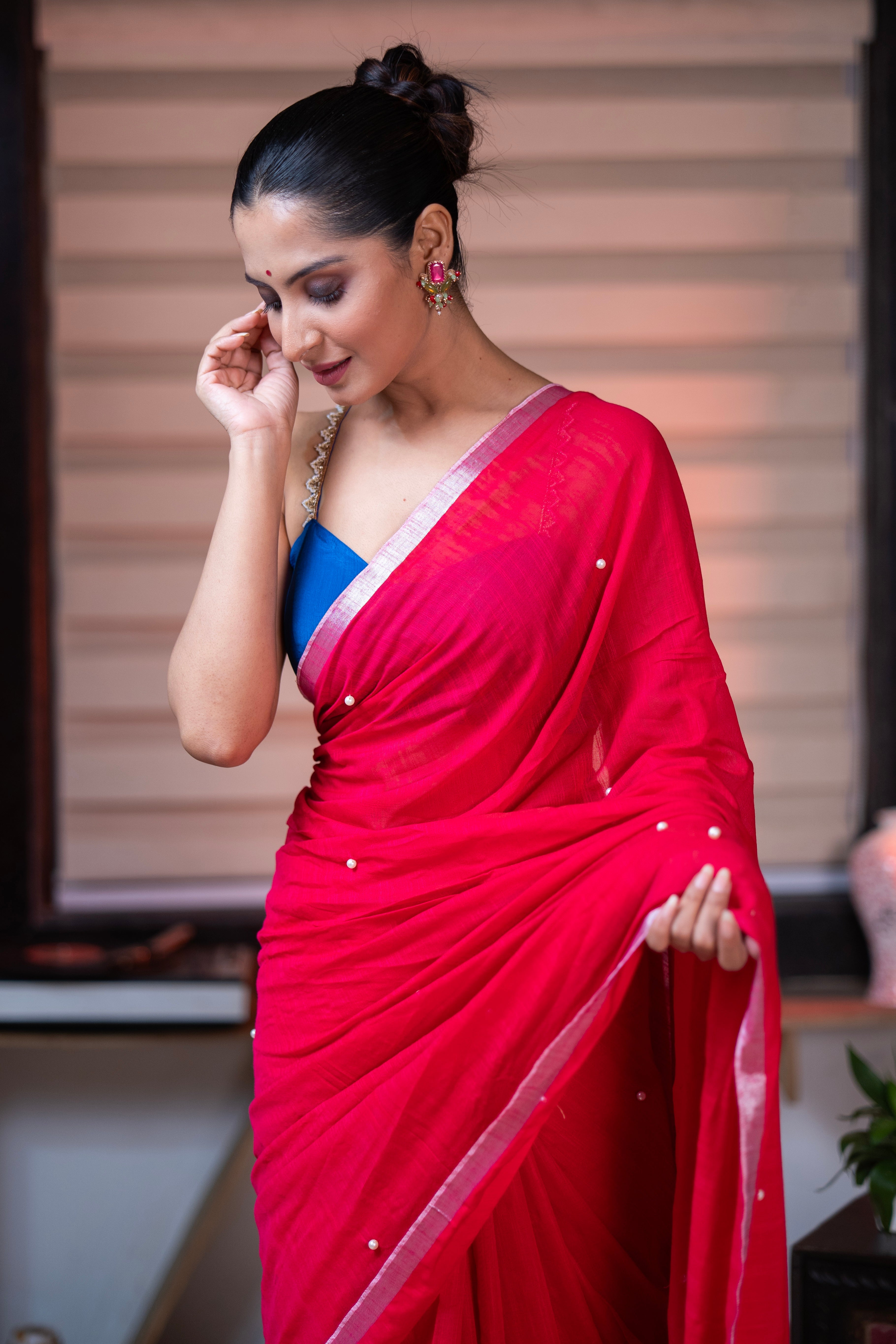 Rani Soft Cotton Saree with Moti Work