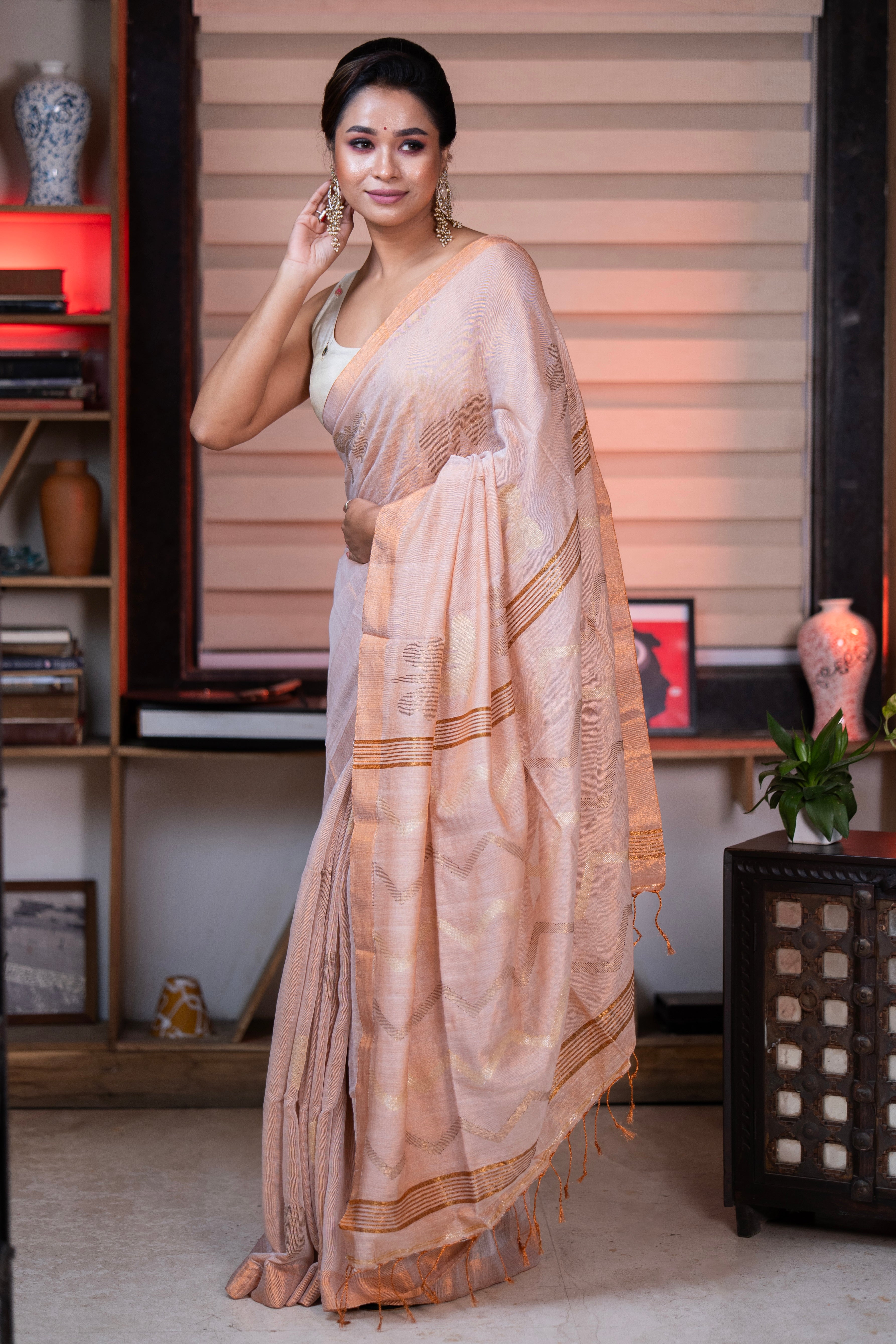 Bare Beige dual tone Pure Tissue Linen Butterfly Hand Woven Saree with blouse piece
