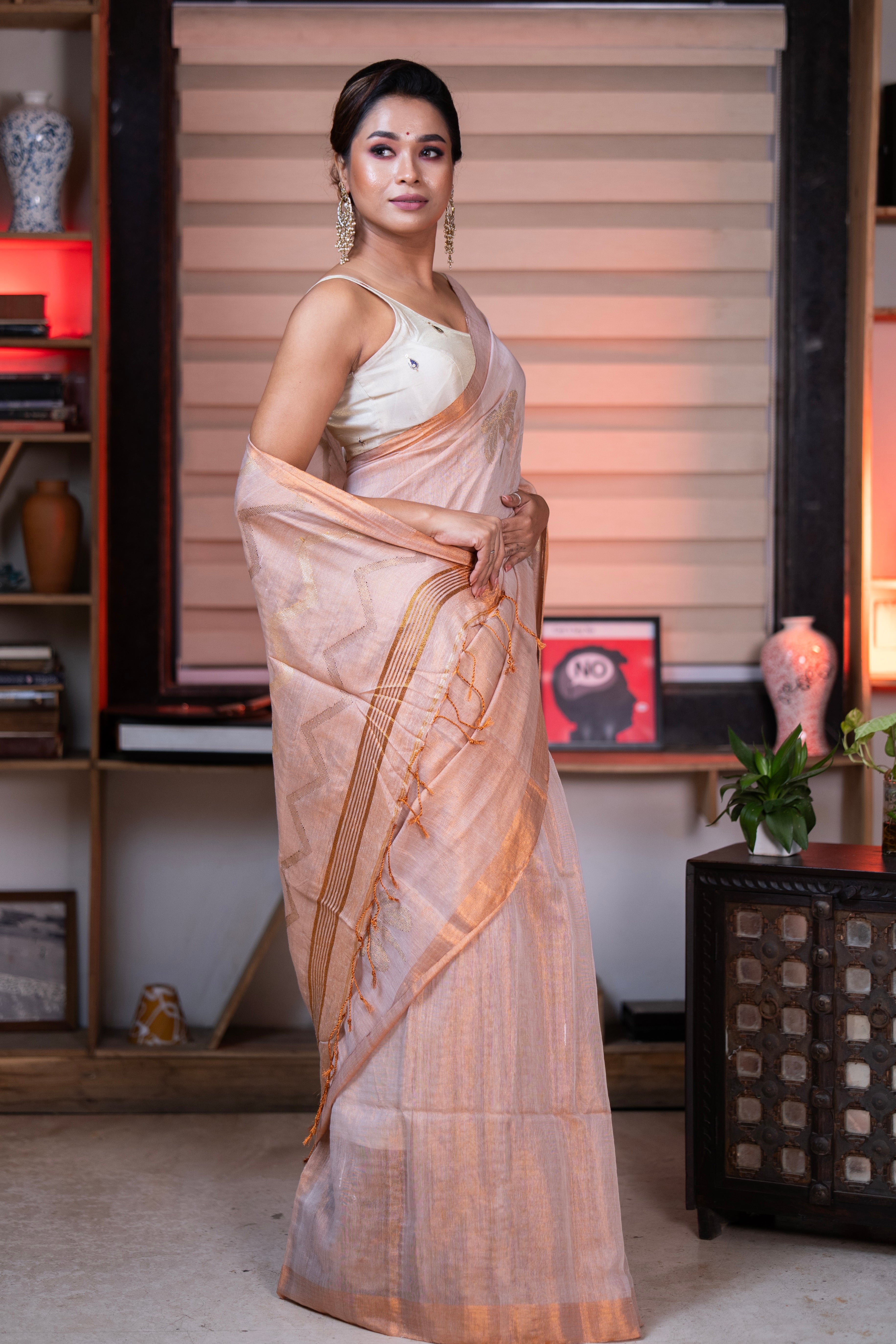 Bare Beige Pure Tissue Linen Butterfly Hand Woven Saree