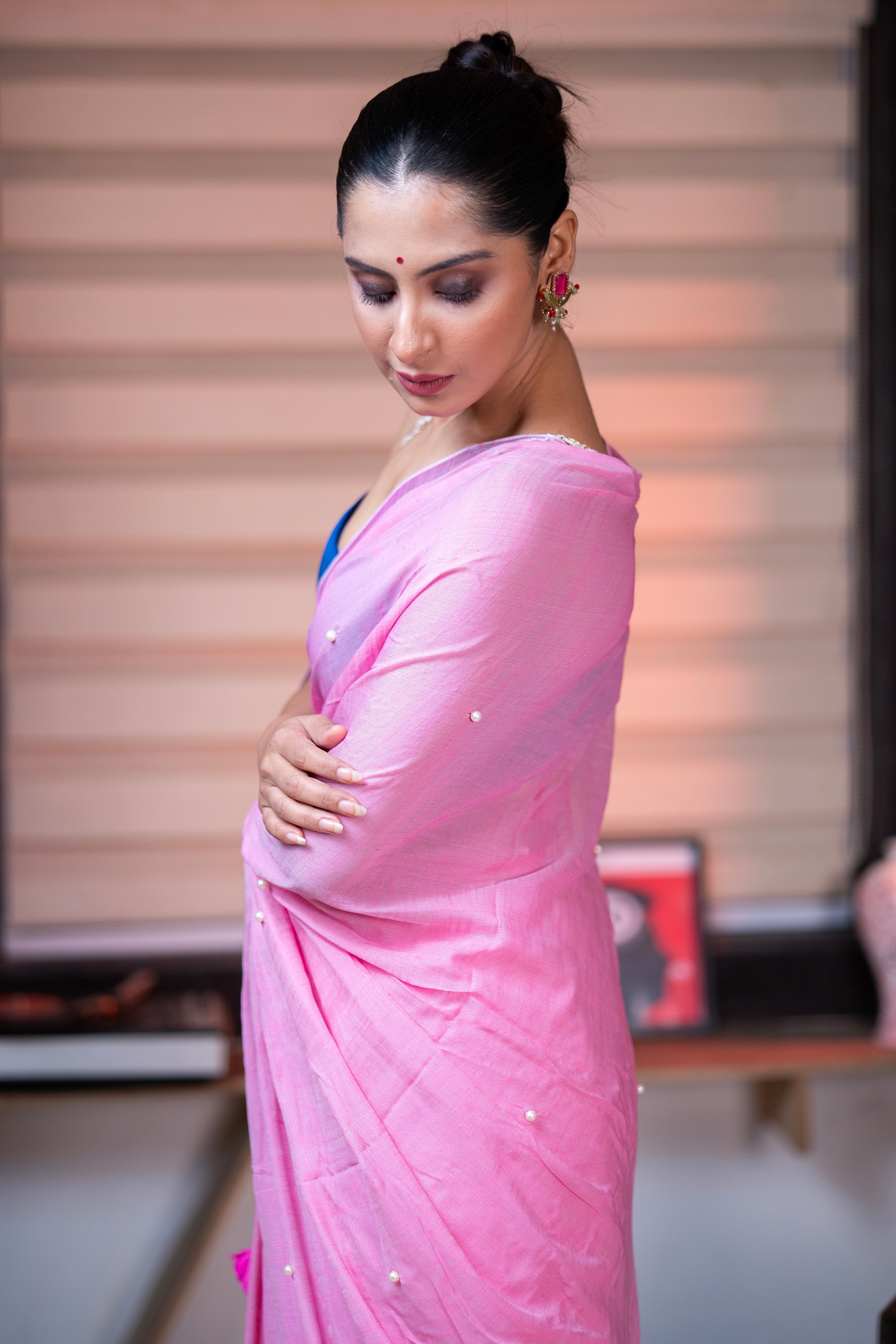 Pink Soft Cotton Saree with Moti Work